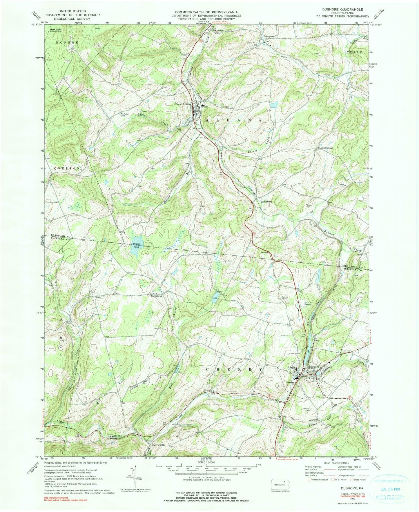 Classic USGS Dushore Pennsylvania 7.5'x7.5' Topo Map Image