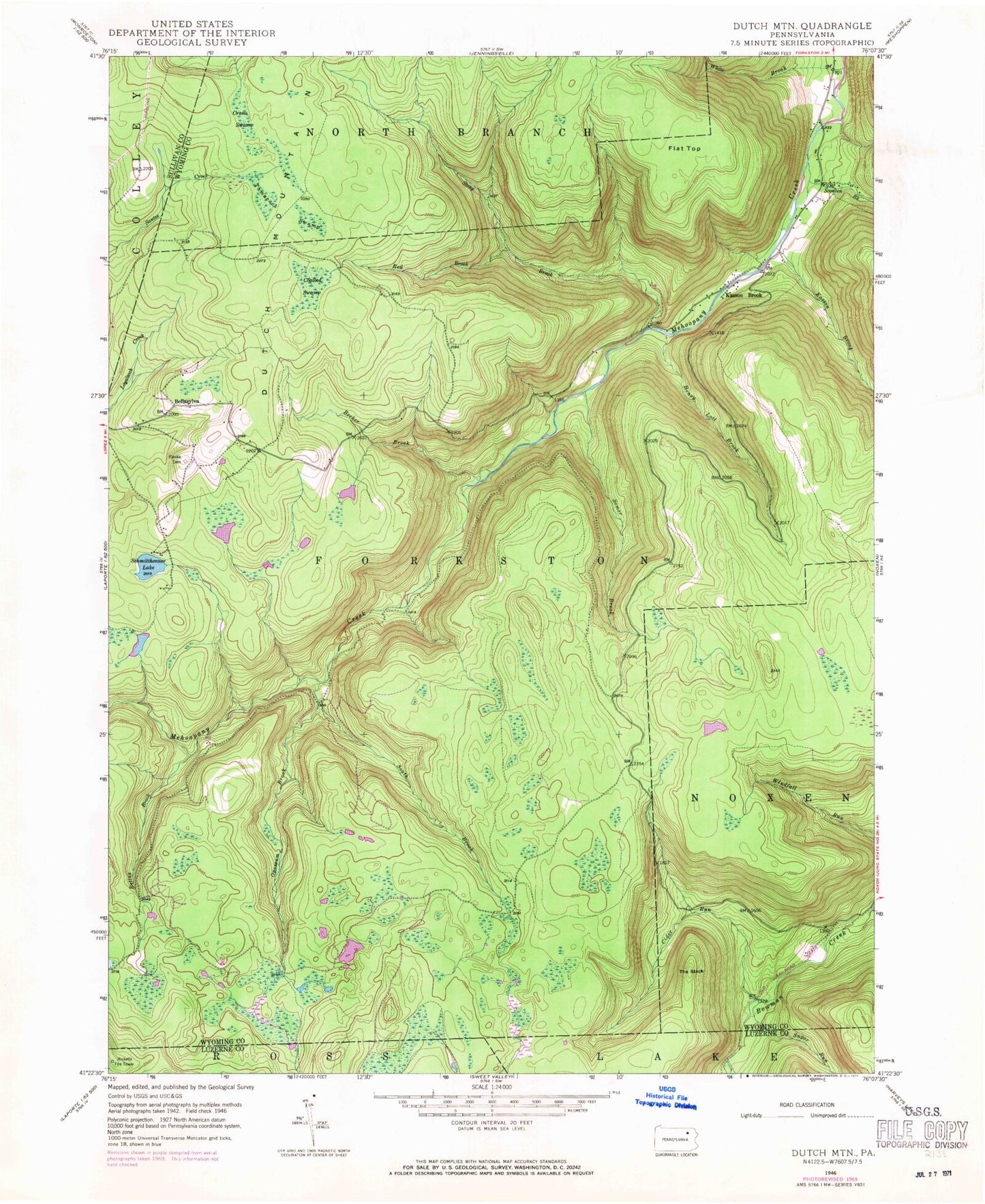 Classic USGS Dutch Mountain Pennsylvania 7.5'x7.5' Topo Map Image