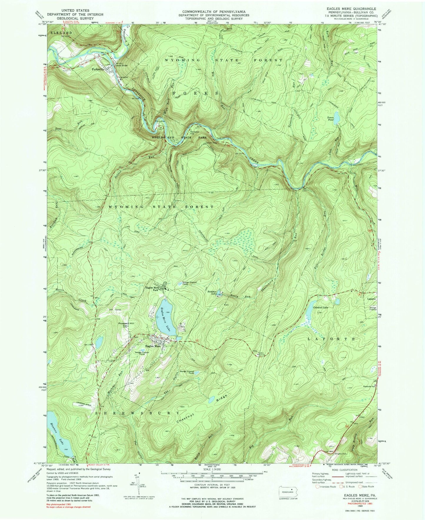 Classic USGS Eagles Mere Pennsylvania 7.5'x7.5' Topo Map Image