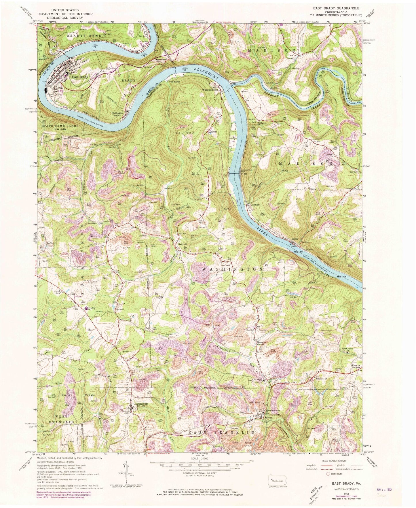 Classic USGS East Brady Pennsylvania 7.5'x7.5' Topo Map Image