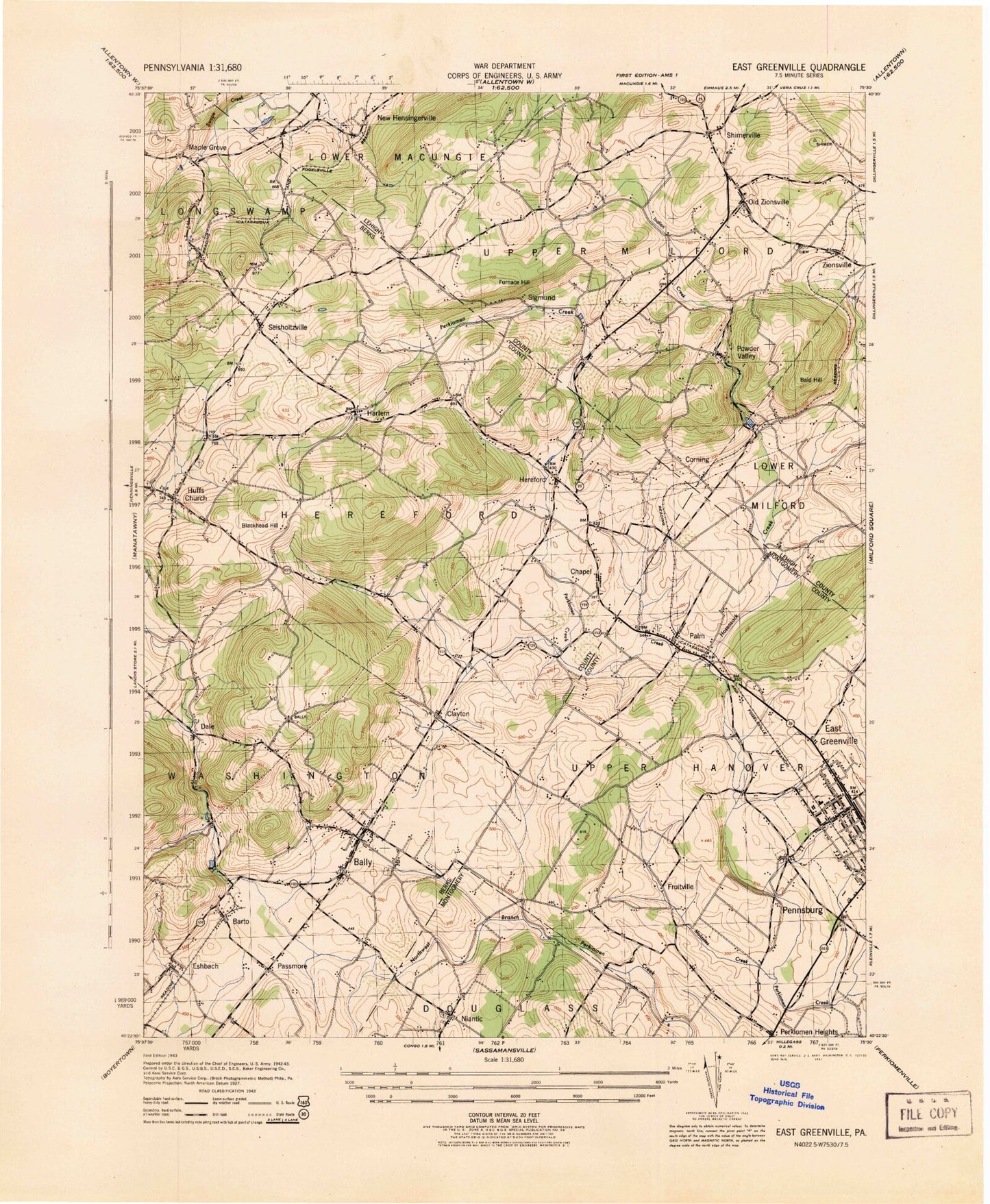 Classic USGS East Greenville Pennsylvania 7.5'x7.5' Topo Map Image