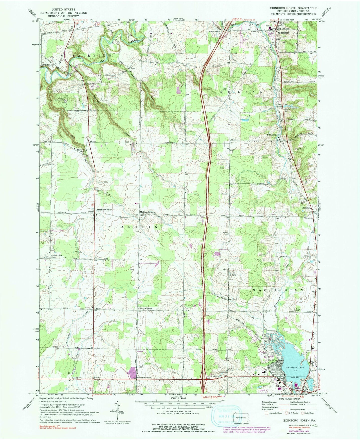 Classic USGS Edinboro North Pennsylvania 7.5'x7.5' Topo Map Image
