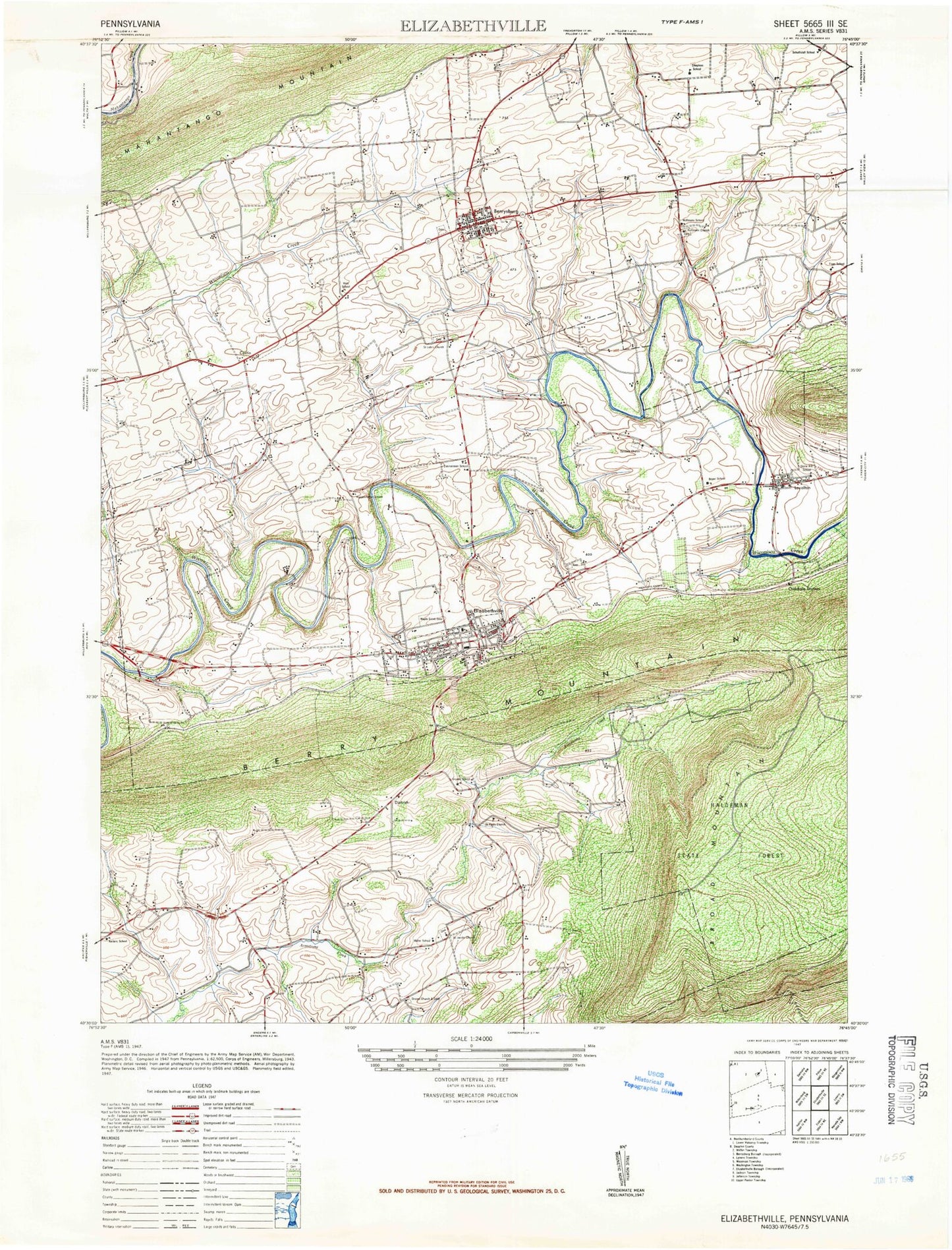 Classic USGS Elizabethville Pennsylvania 7.5'x7.5' Topo Map Image
