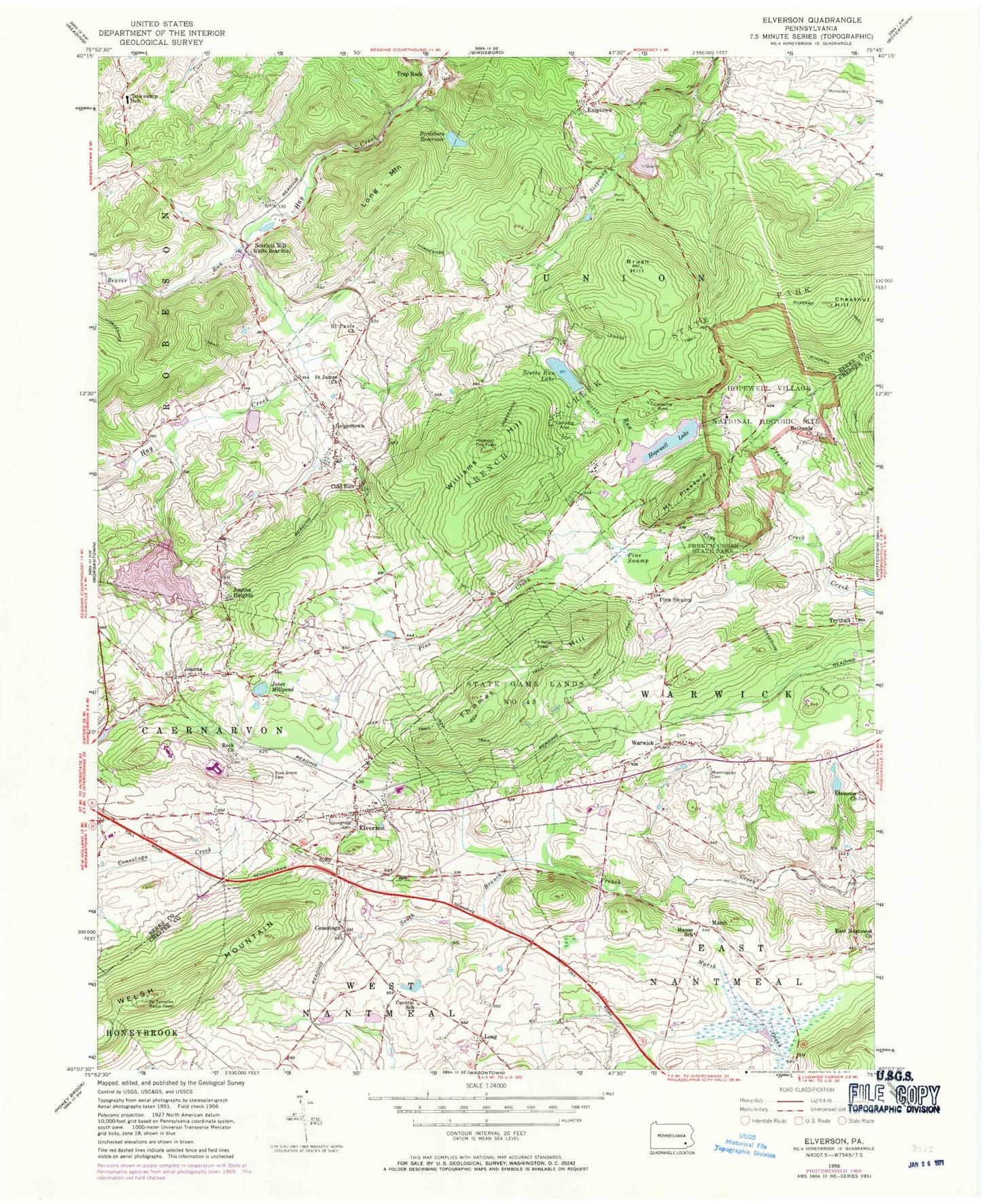 Classic USGS Elverson Pennsylvania 7.5'x7.5' Topo Map Image