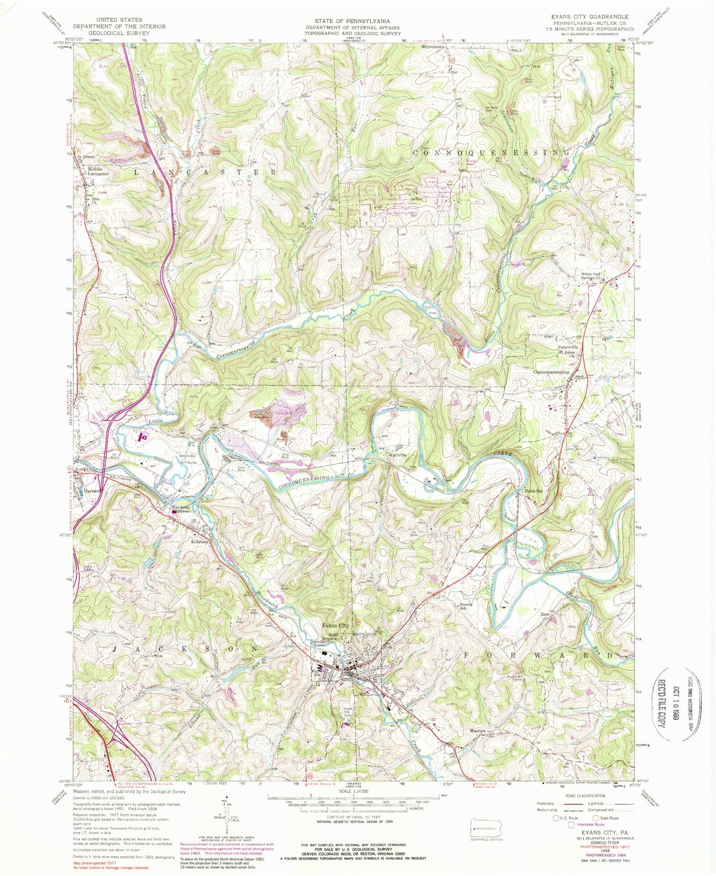 Classic USGS Evans City Pennsylvania 7.5'x7.5' Topo Map Image