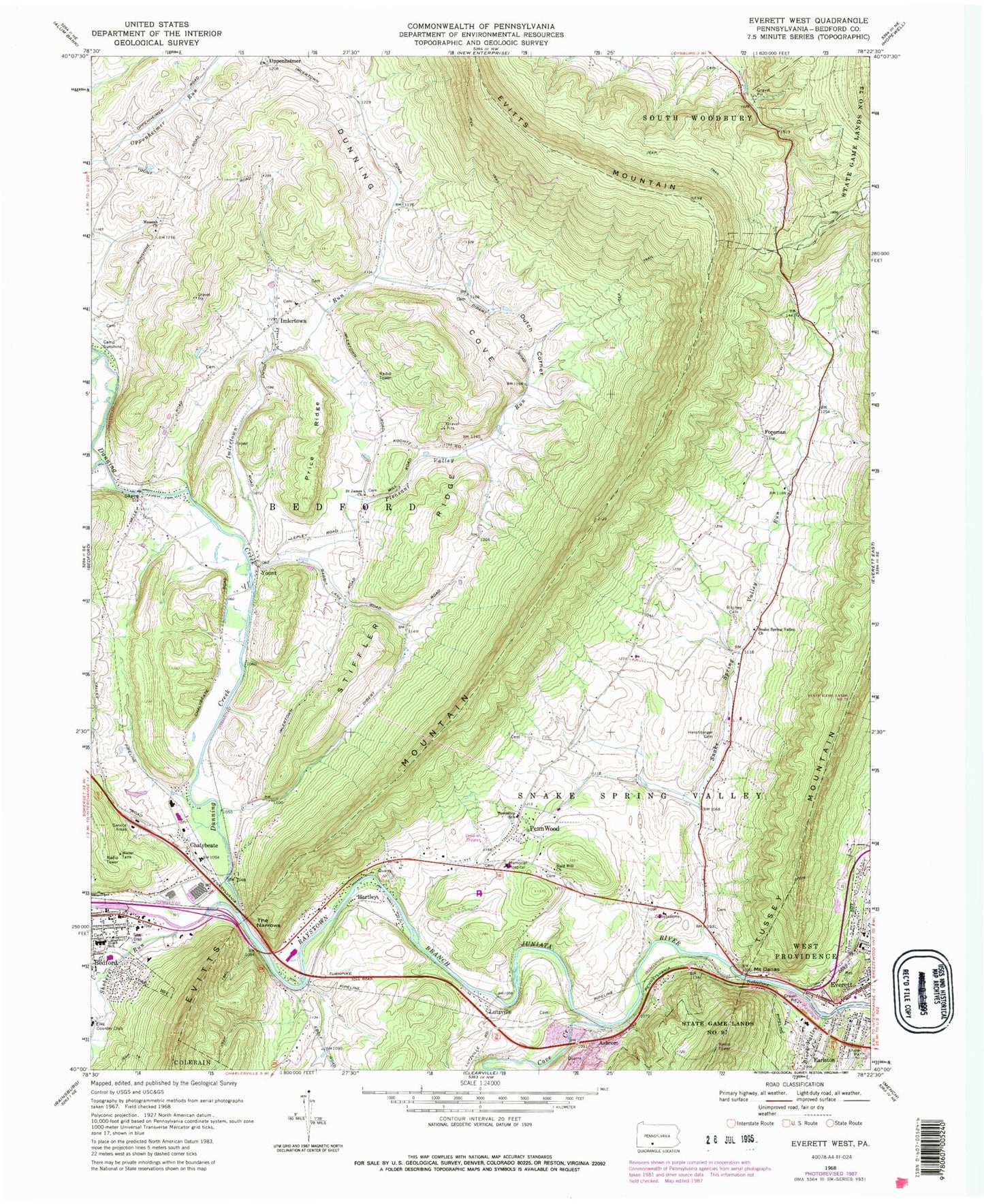 Classic USGS Everett West Pennsylvania 7.5'x7.5' Topo Map Image