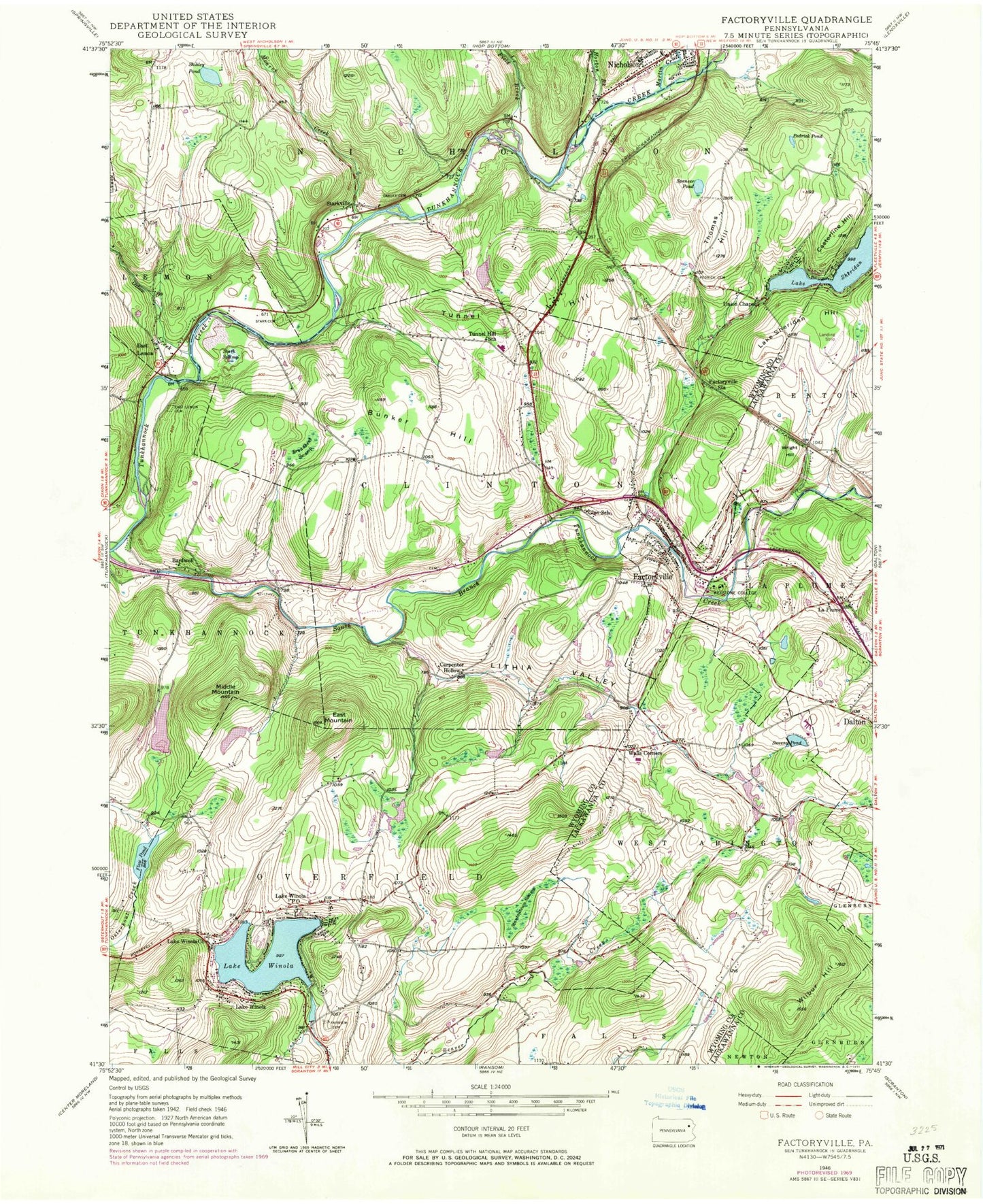 Classic USGS Factoryville Pennsylvania 7.5'x7.5' Topo Map Image