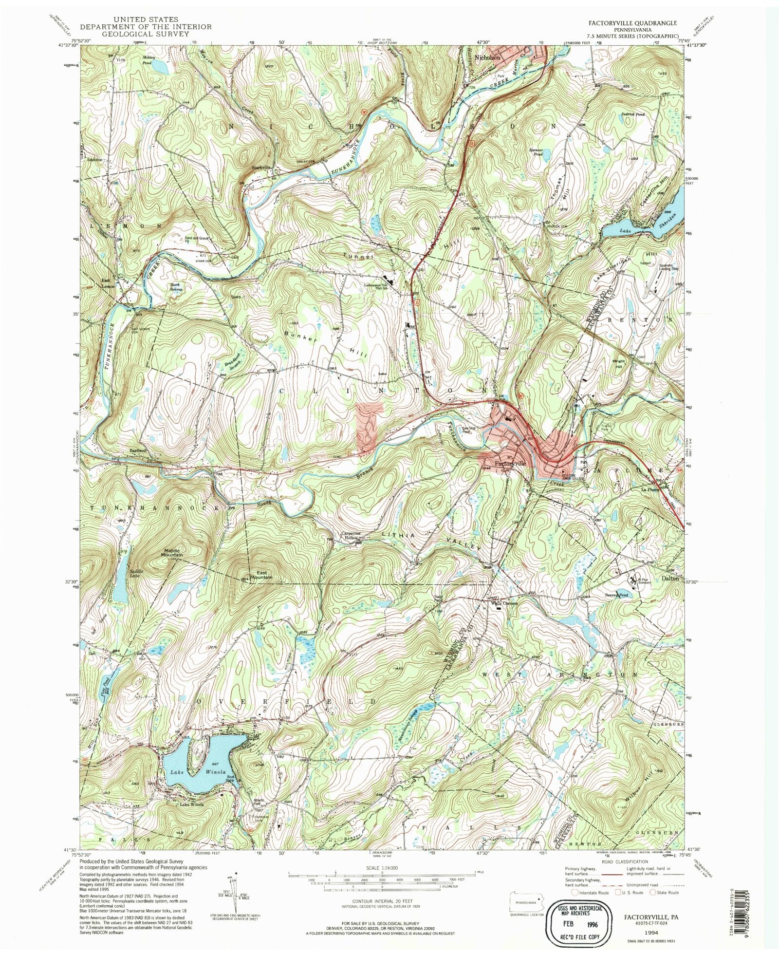 Classic USGS Factoryville Pennsylvania 7.5'x7.5' Topo Map MyTopo Map