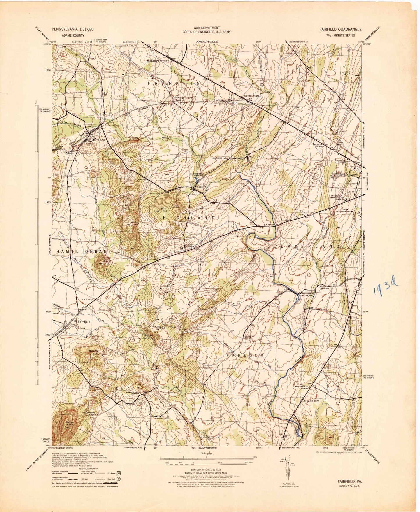 Classic USGS Fairfield Pennsylvania 7.5'x7.5' Topo Map Image