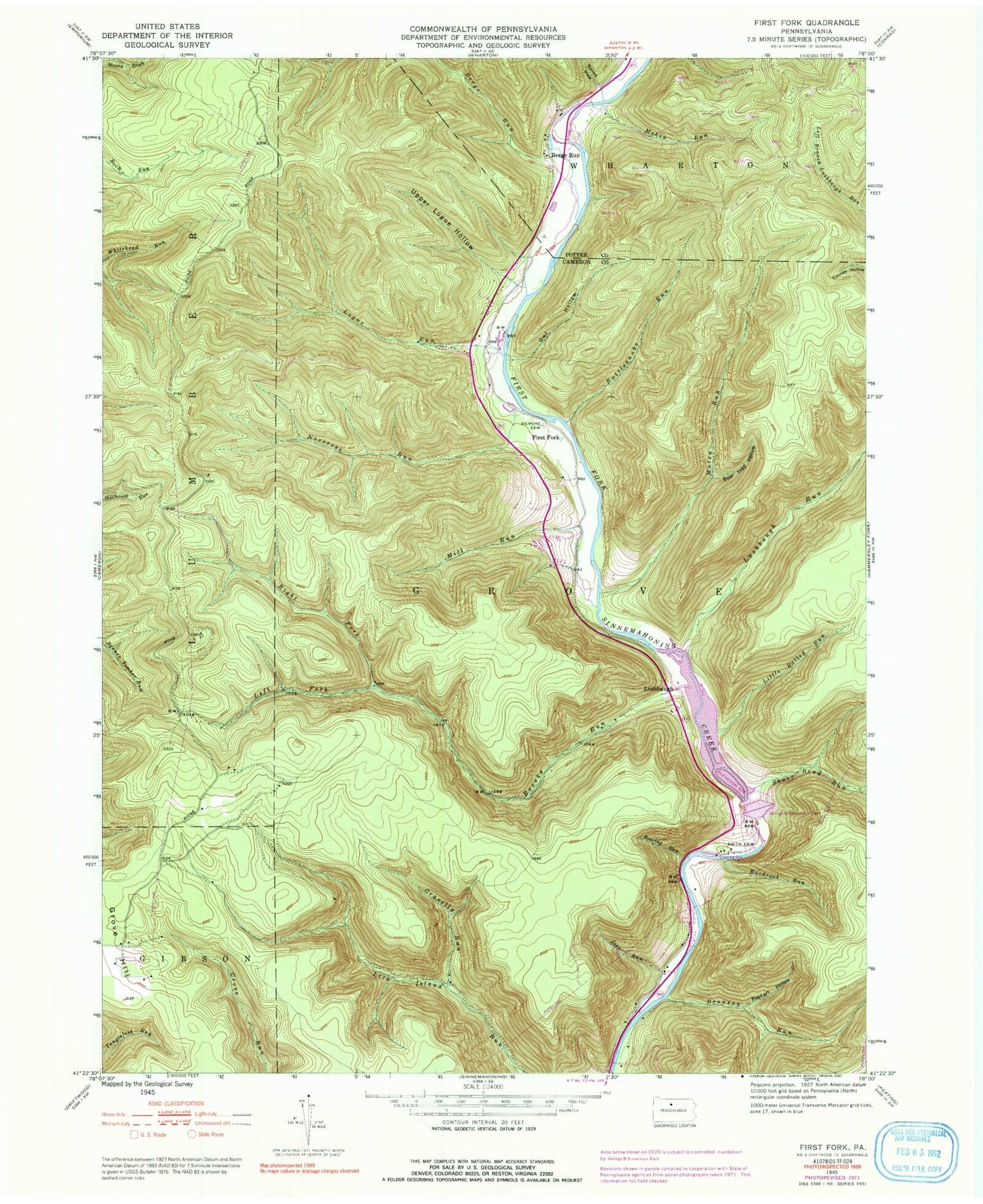 Classic USGS First Fork Pennsylvania 7.5'x7.5' Topo Map Image