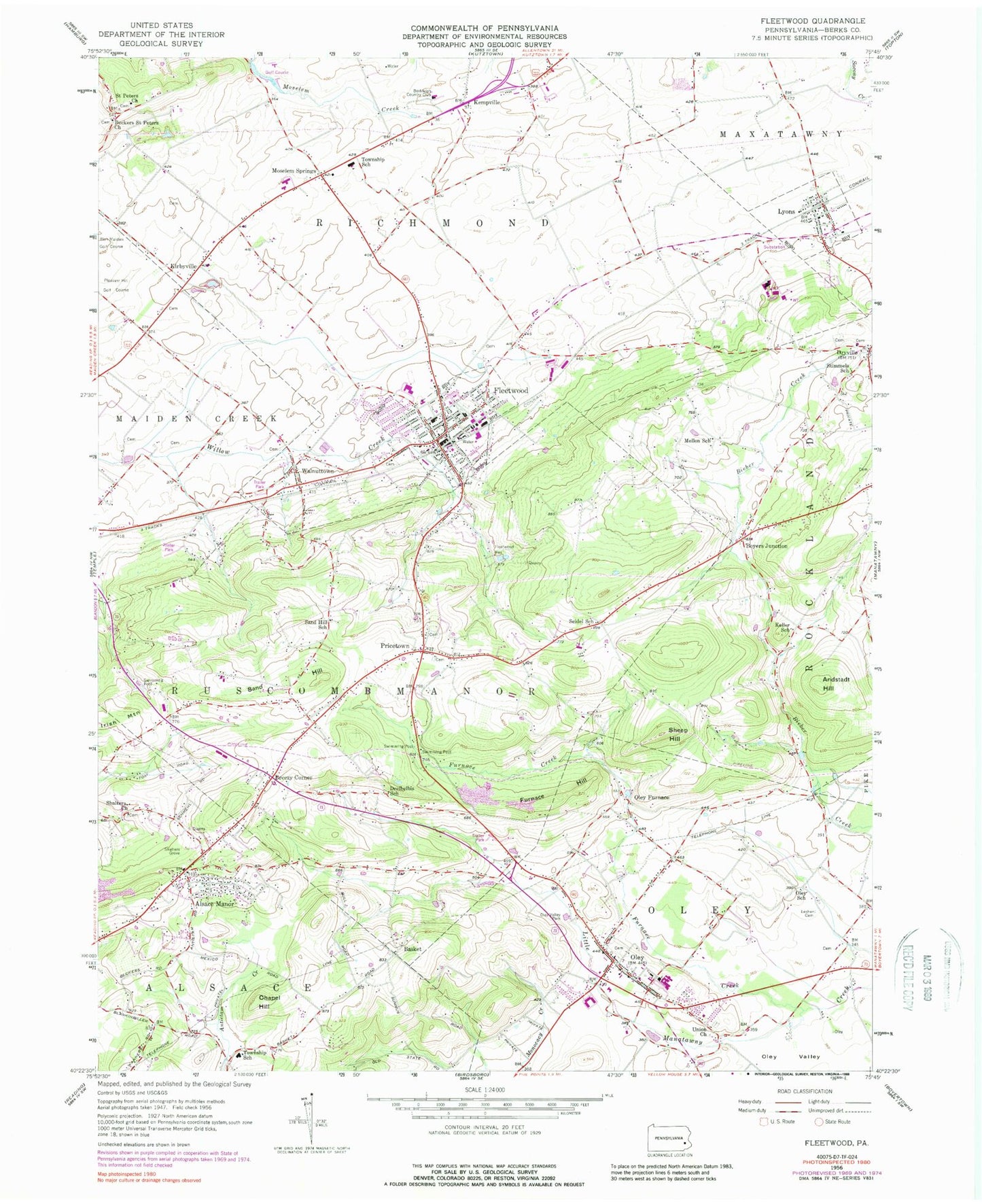 Classic USGS Fleetwood Pennsylvania 7.5'x7.5' Topo Map Image