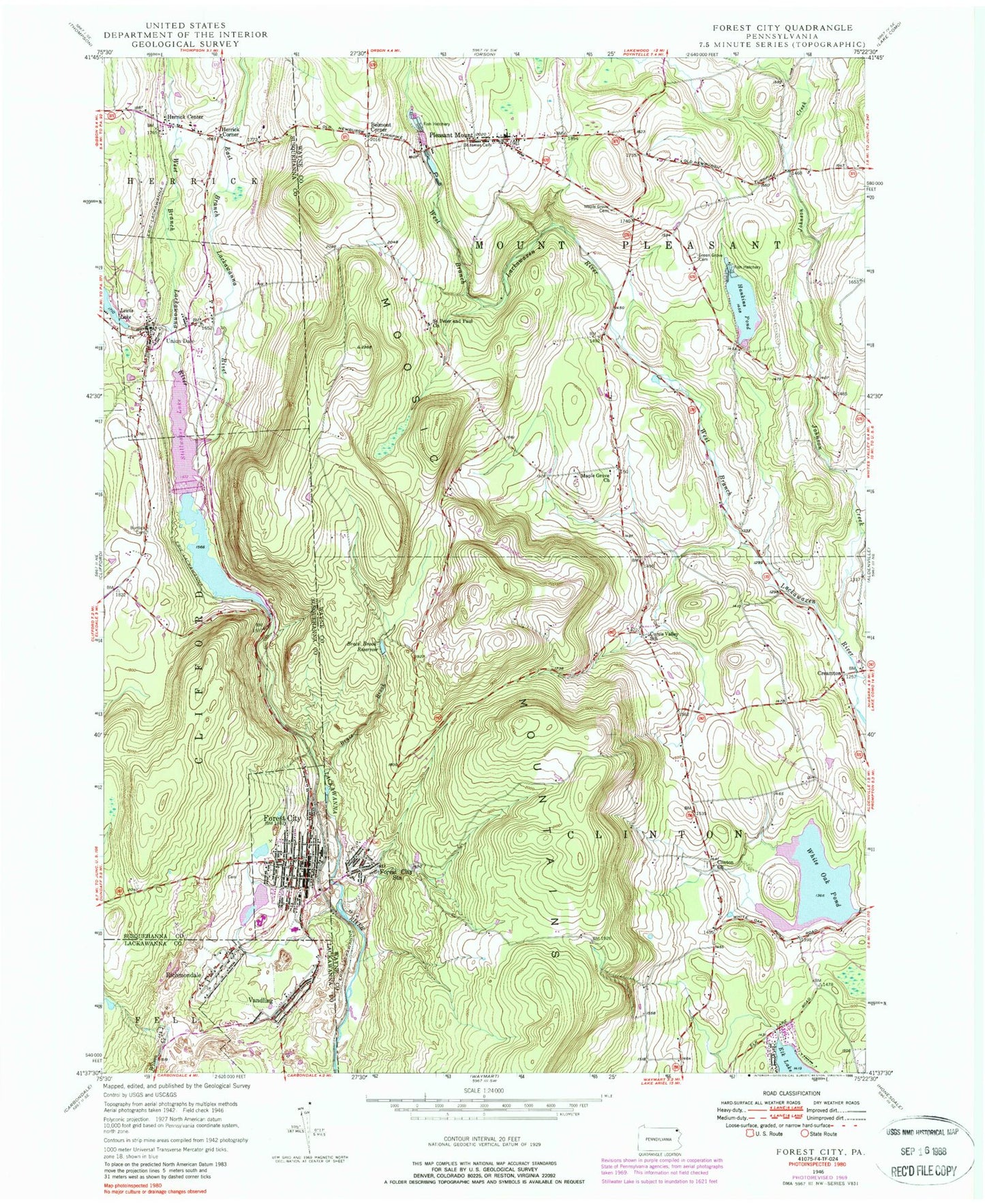 Classic USGS Forest City Pennsylvania 7.5'x7.5' Topo Map Image