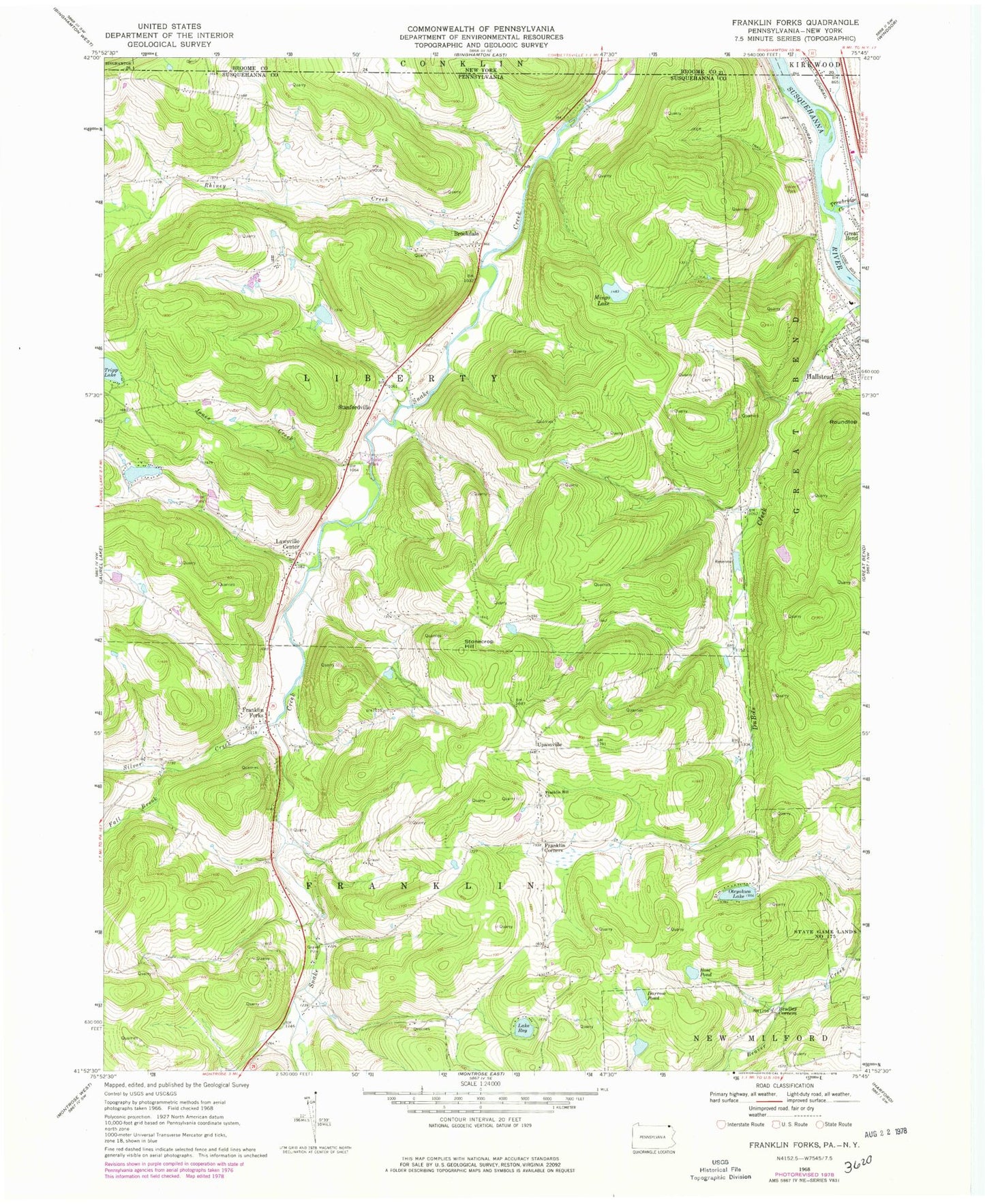 Classic USGS Franklin Forks Pennsylvania 7.5'x7.5' Topo Map Image