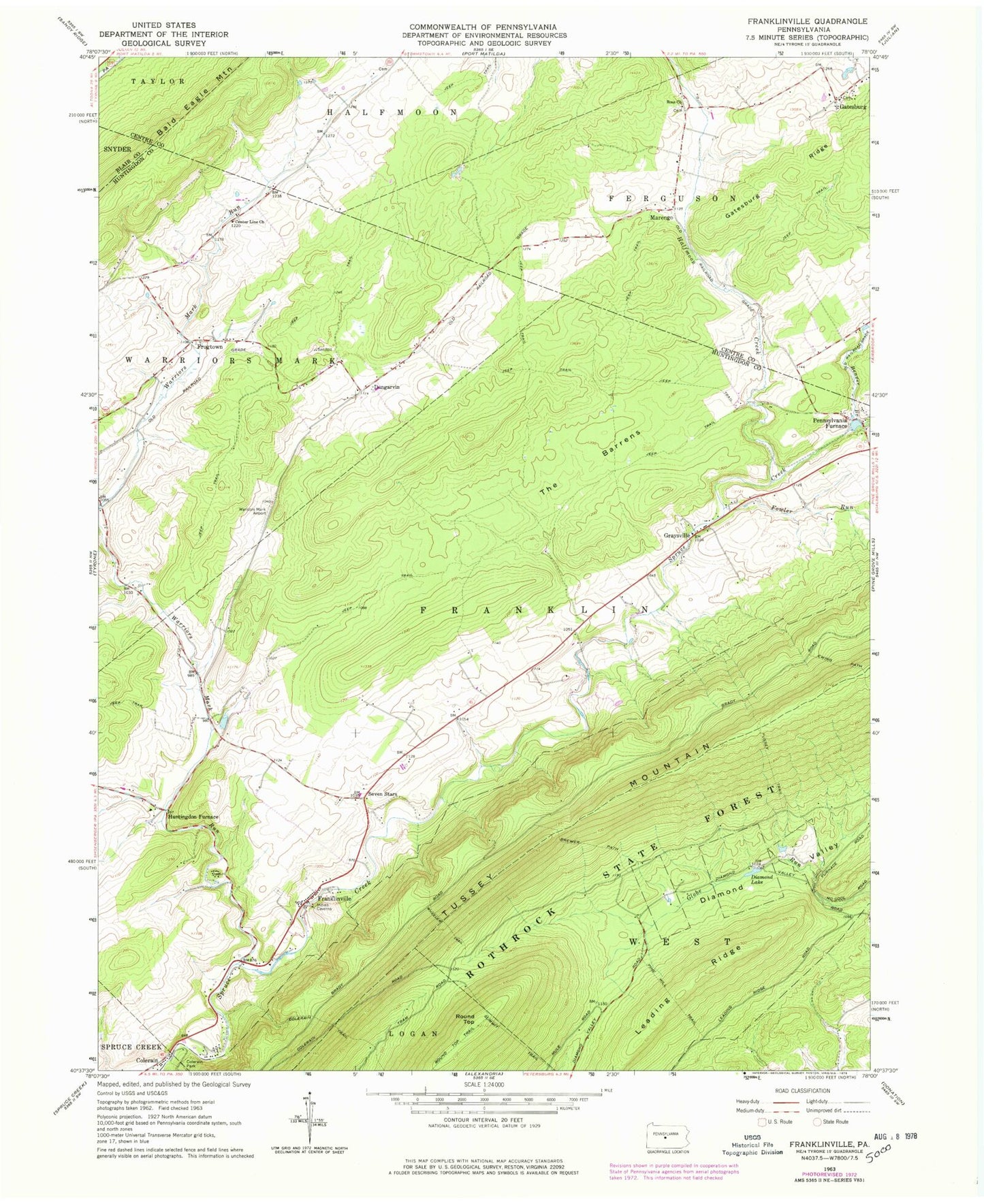 Classic USGS Franklinville Pennsylvania 7.5'x7.5' Topo Map Image