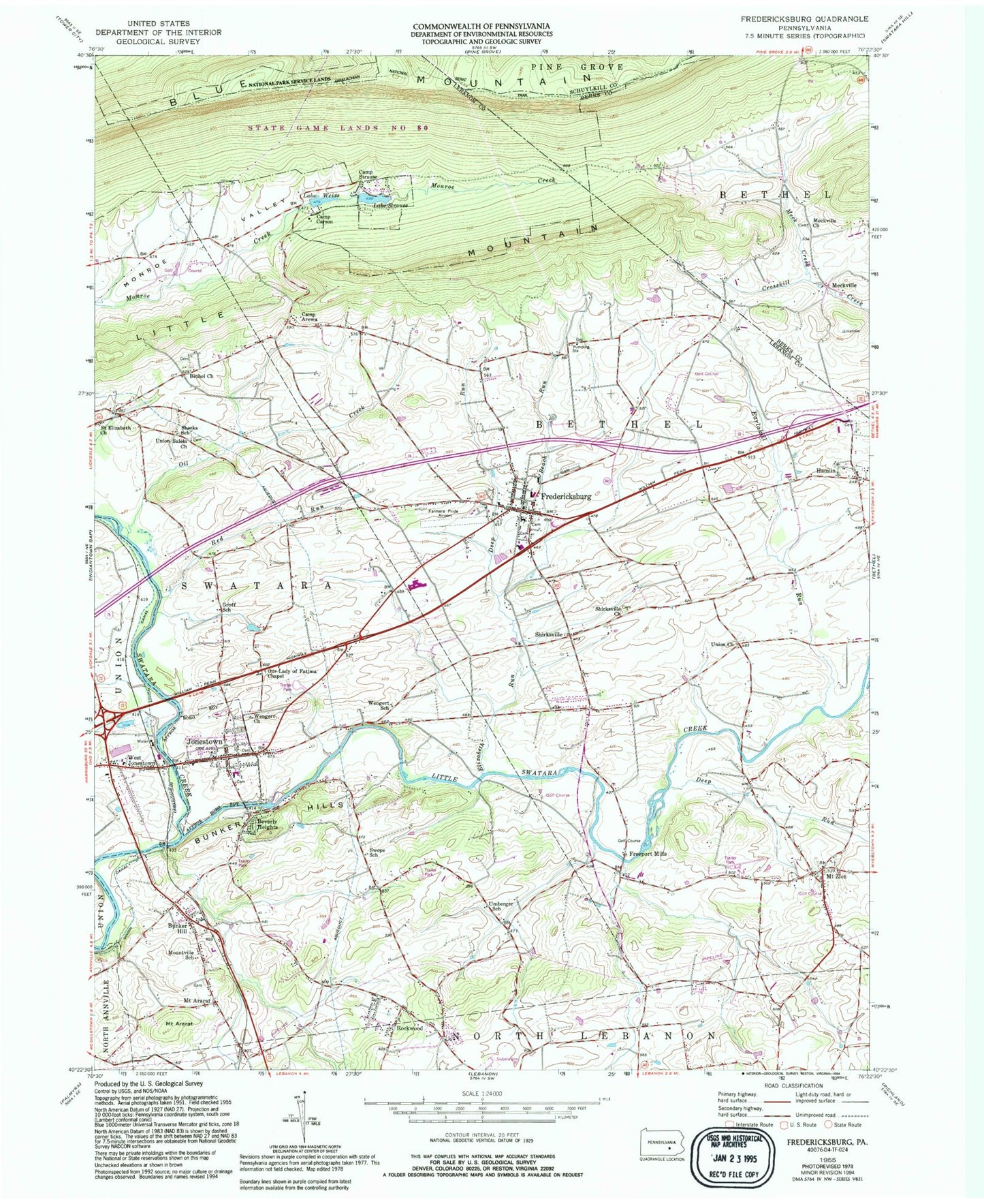 Classic USGS Fredericksburg Pennsylvania 7.5'x7.5' Topo Map Image