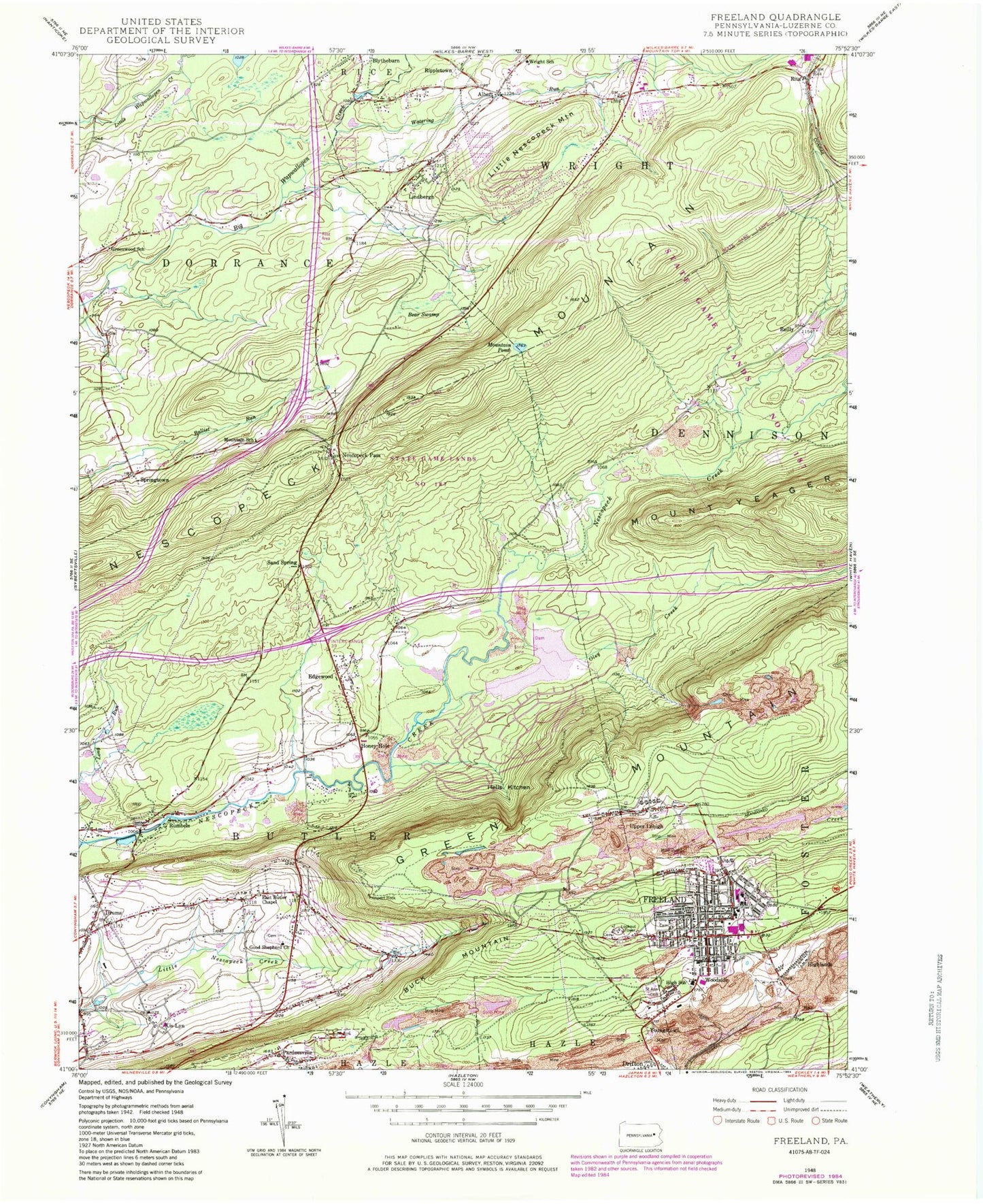Classic USGS Freeland Pennsylvania 7.5'x7.5' Topo Map Image