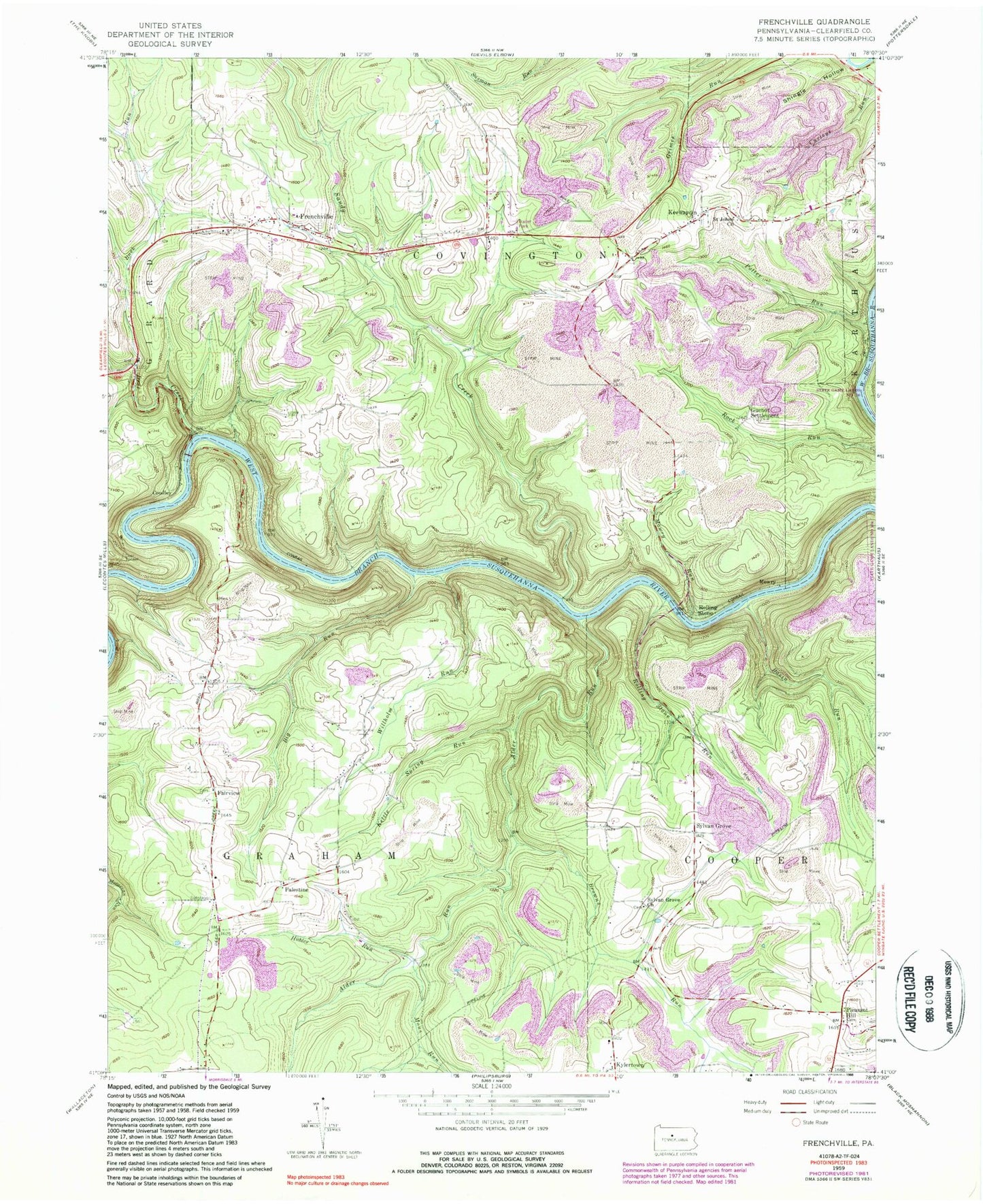 Classic USGS Frenchville Pennsylvania 7.5'x7.5' Topo Map Image
