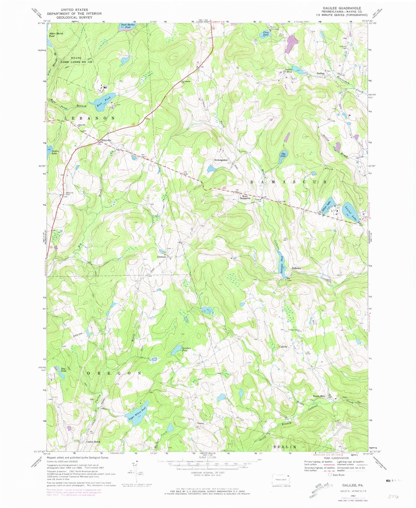 Classic USGS Galilee Pennsylvania 7.5'x7.5' Topo Map Image