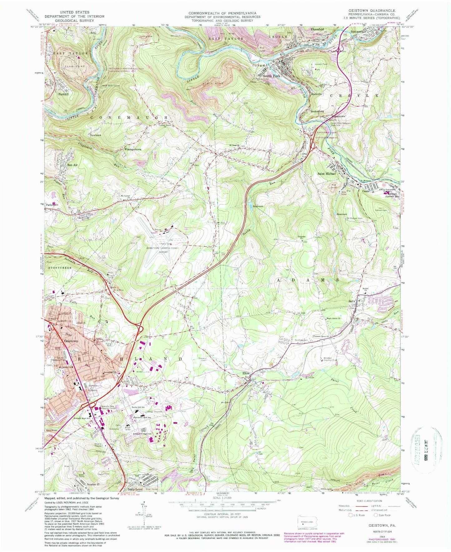 Classic USGS Geistown Pennsylvania 7.5'x7.5' Topo Map Image