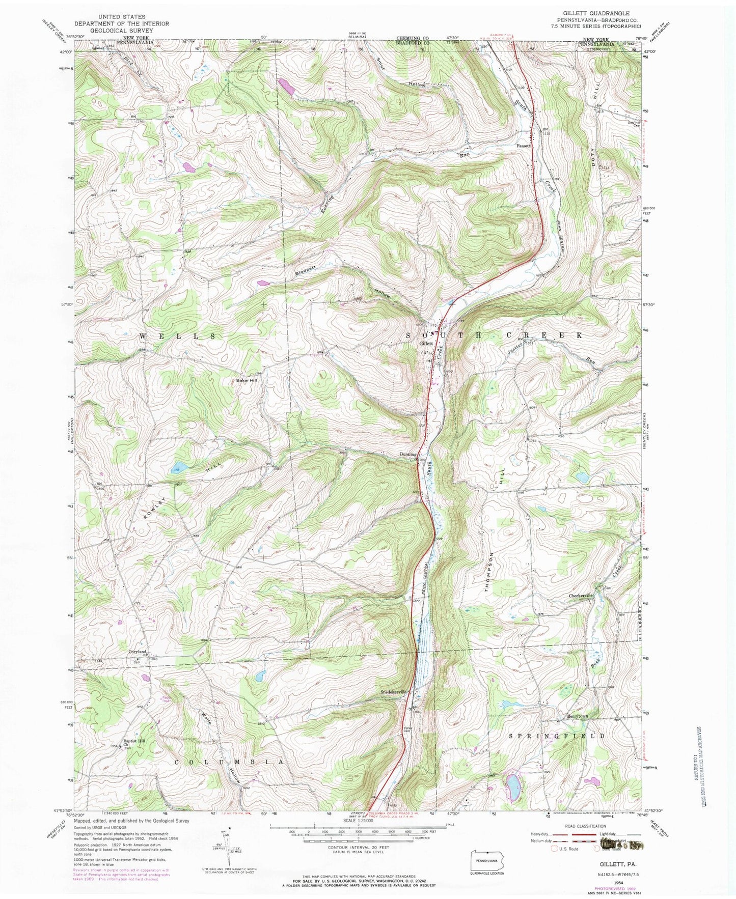 Classic USGS Gillett Pennsylvania 7.5'x7.5' Topo Map Image