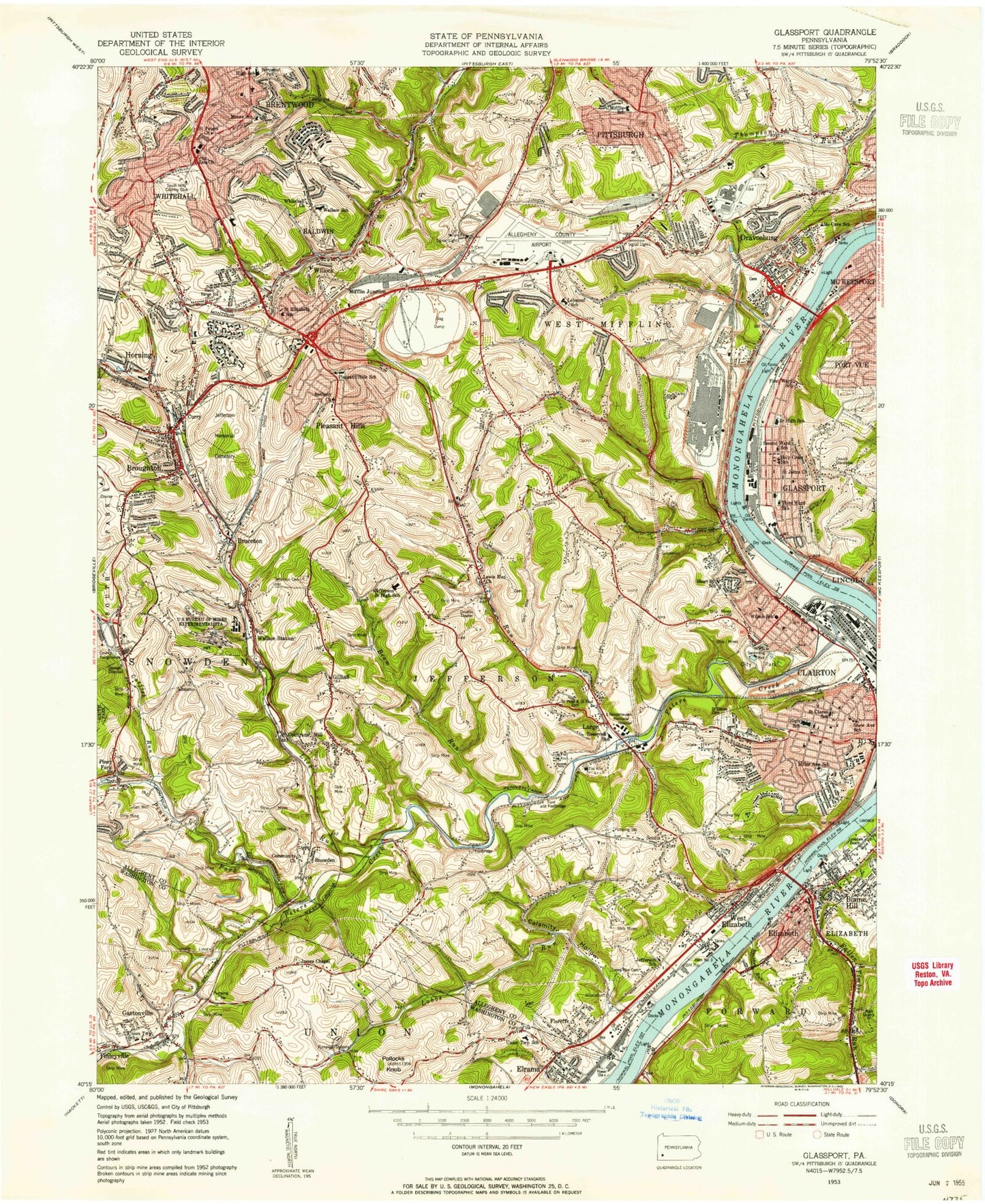 Classic USGS Glassport Pennsylvania 7.5'x7.5' Topo Map Image