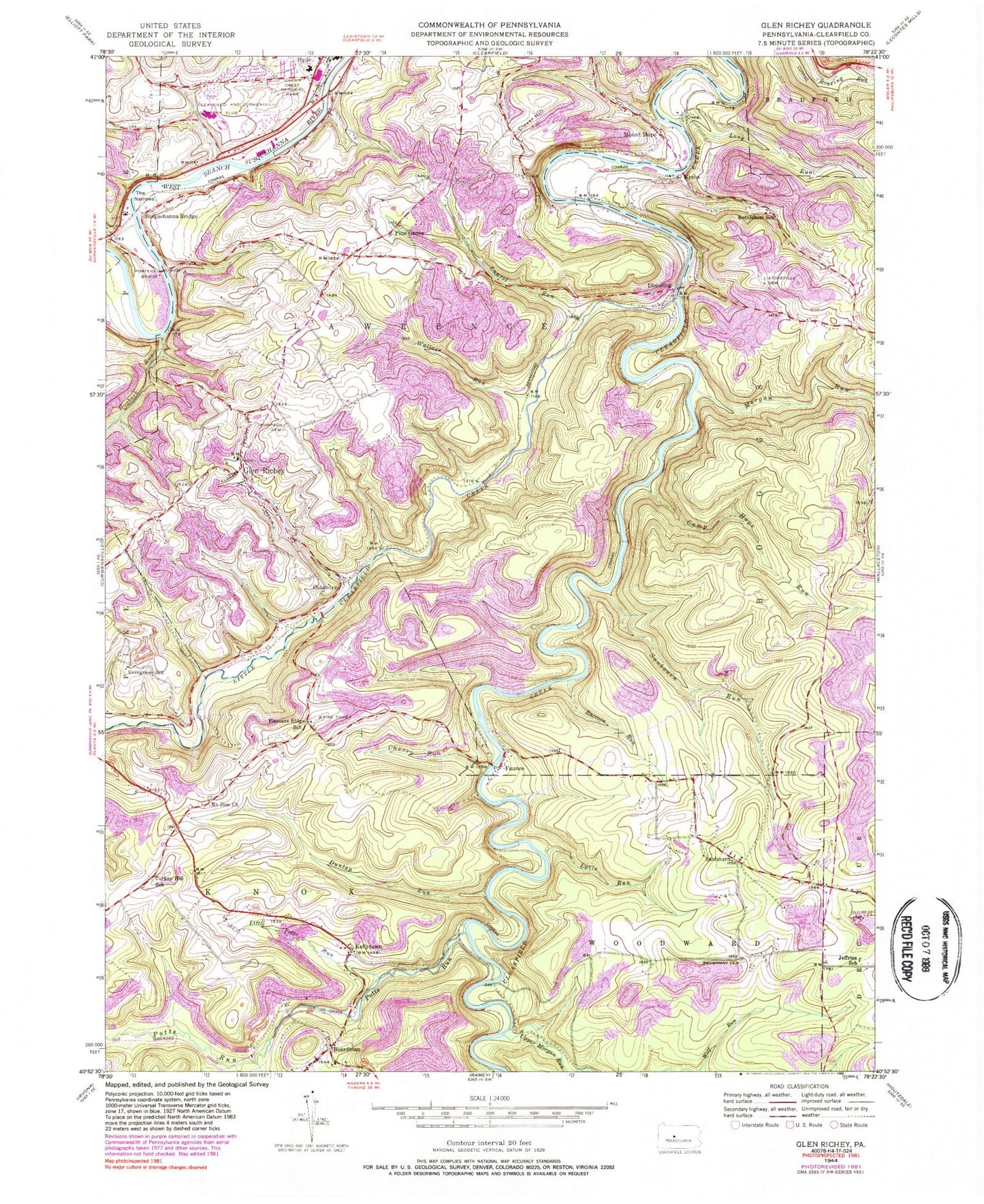 Classic USGS Glen Richey Pennsylvania 7.5'x7.5' Topo Map Image