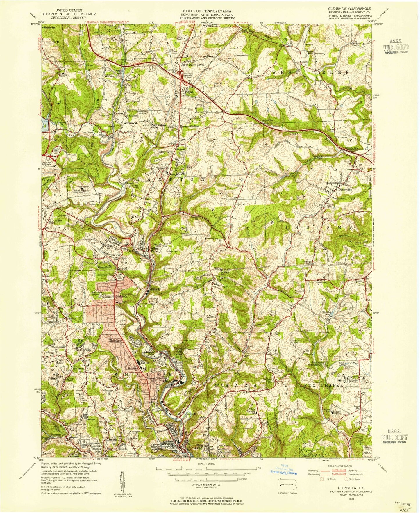 Classic USGS Glenshaw Pennsylvania 7.5'x7.5' Topo Map Image