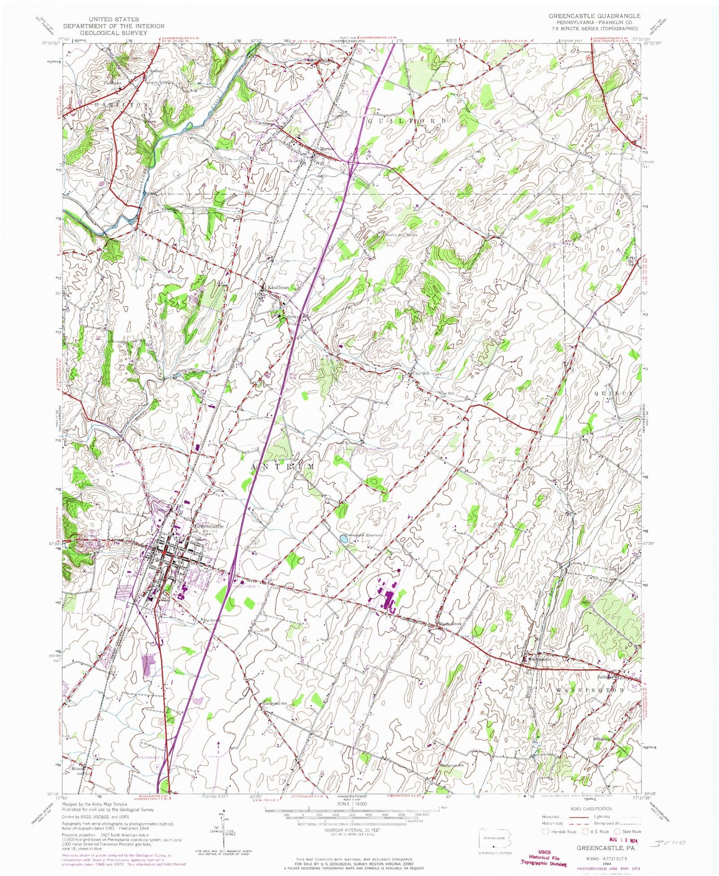 Classic USGS Greencastle Pennsylvania 7.5'x7.5' Topo Map Image