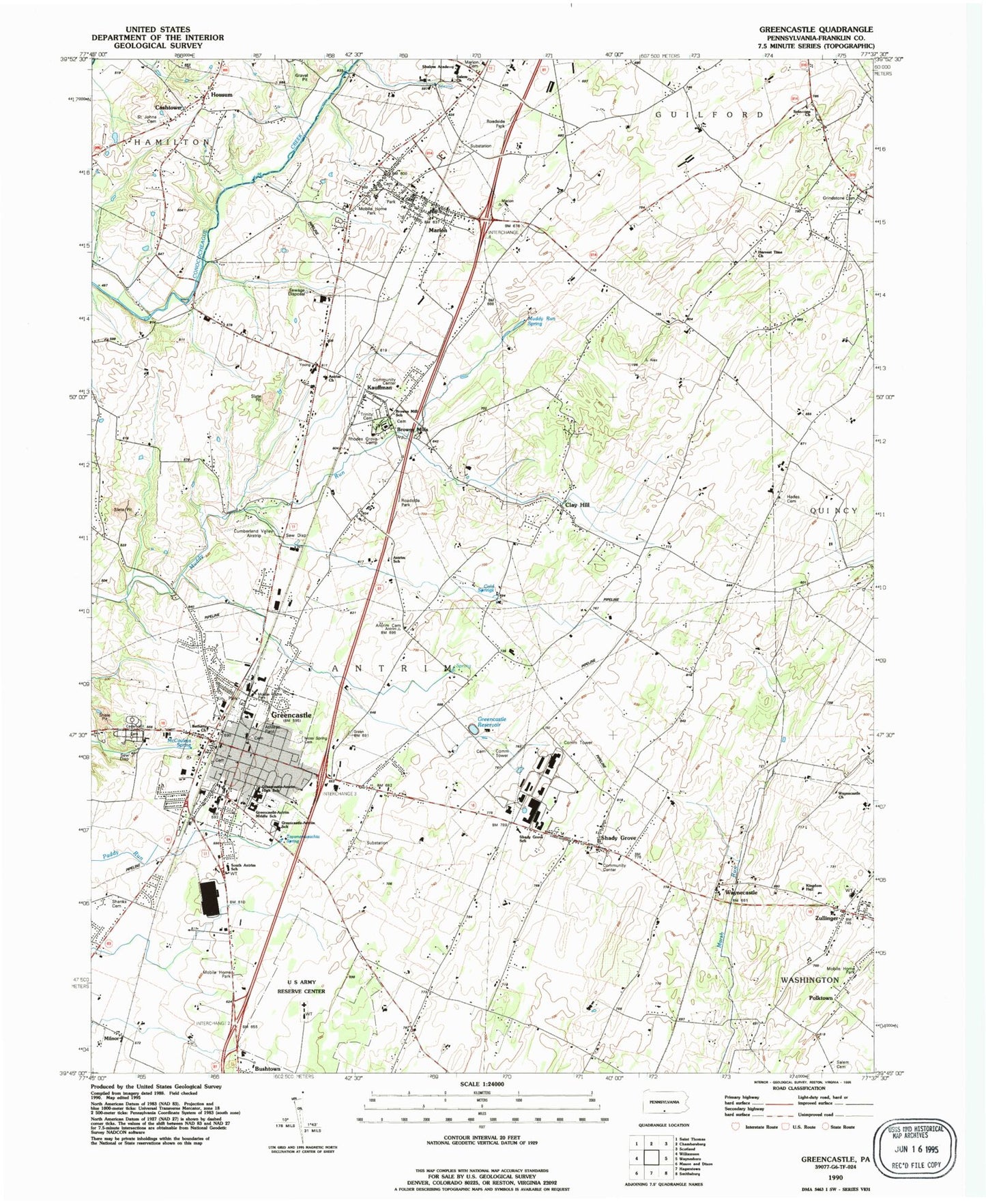Classic USGS Greencastle Pennsylvania 7.5'x7.5' Topo Map Image