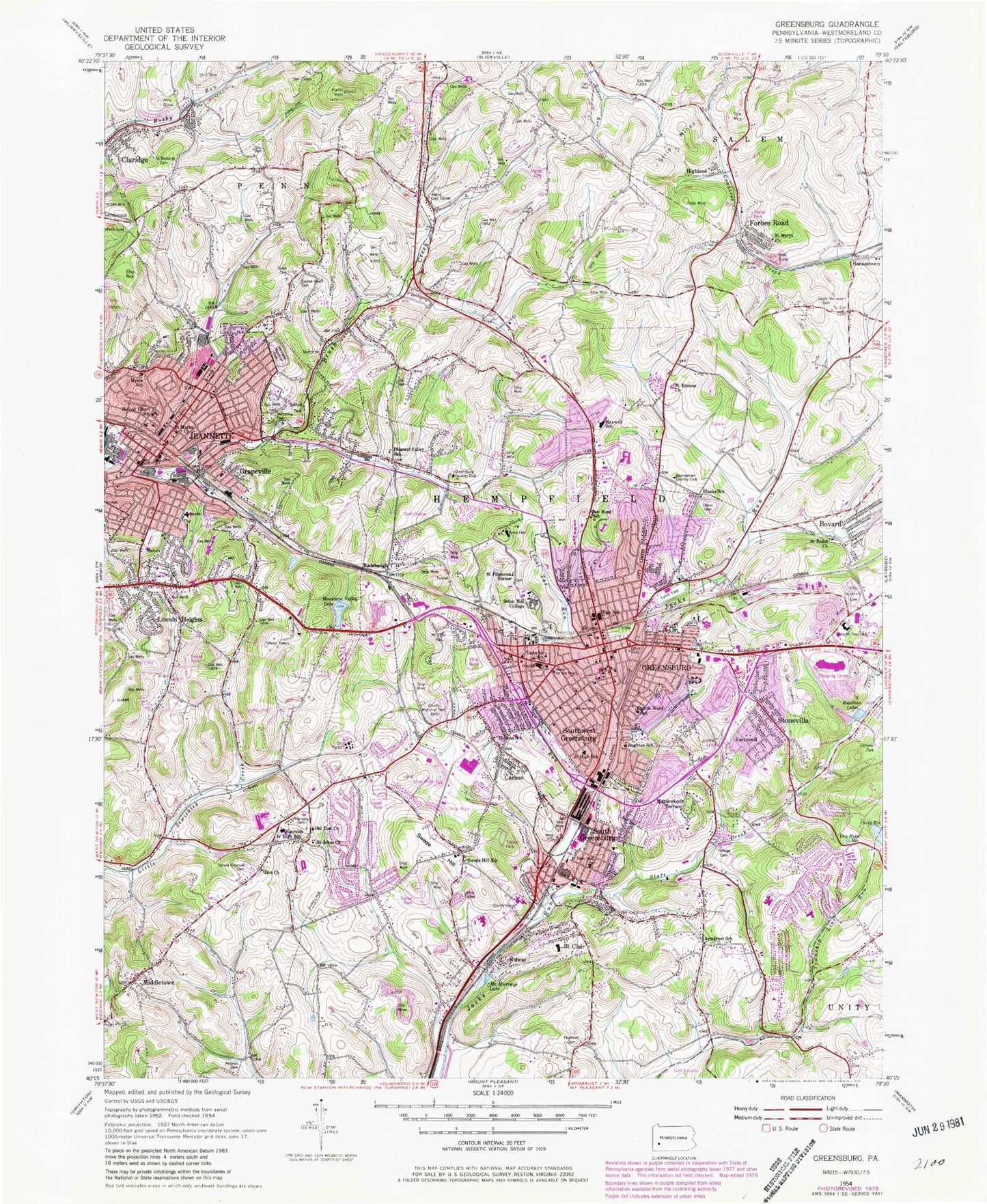 Classic USGS Greensburg Pennsylvania 7.5'x7.5' Topo Map Image