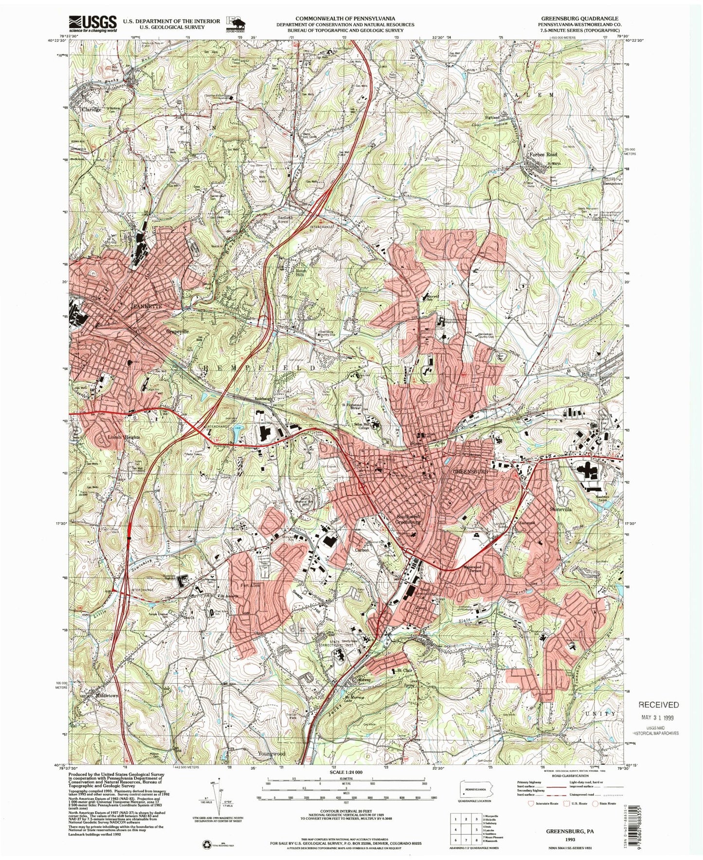 Classic USGS Greensburg Pennsylvania 7.5'x7.5' Topo Map Image