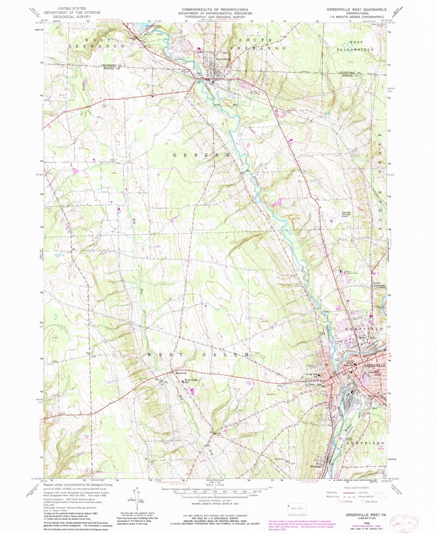 Classic USGS Greenville West Pennsylvania 7.5'x7.5' Topo Map Image