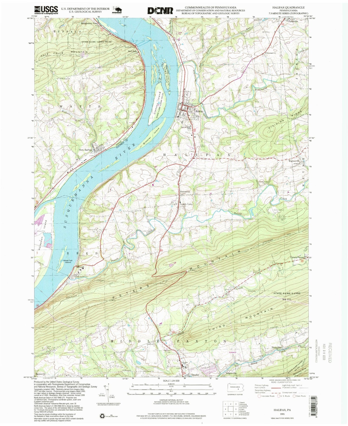 Classic USGS Halifax Pennsylvania 7.5'x7.5' Topo Map Image