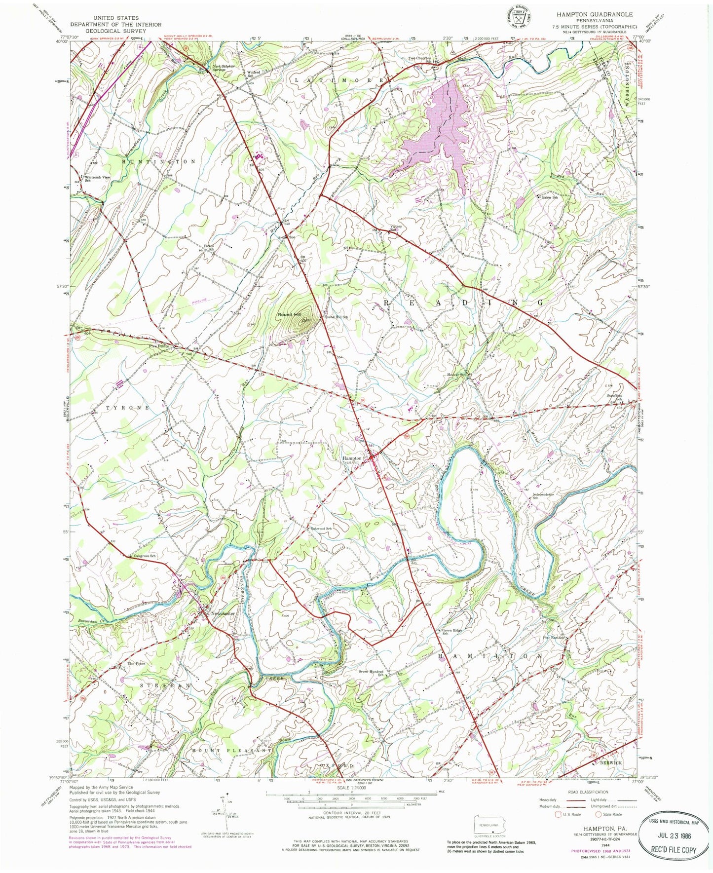 Classic USGS Hampton Pennsylvania 7.5'x7.5' Topo Map Image