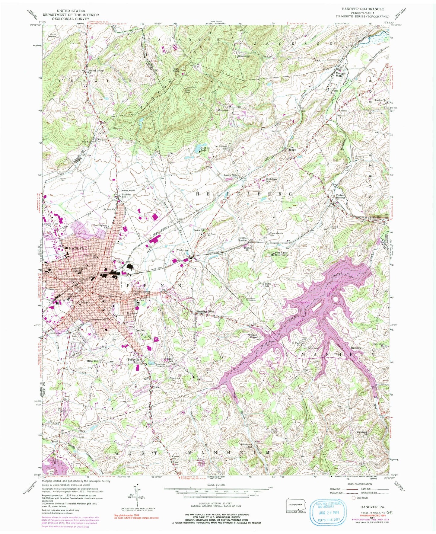 Classic USGS Hanover Pennsylvania 7.5'x7.5' Topo Map Image
