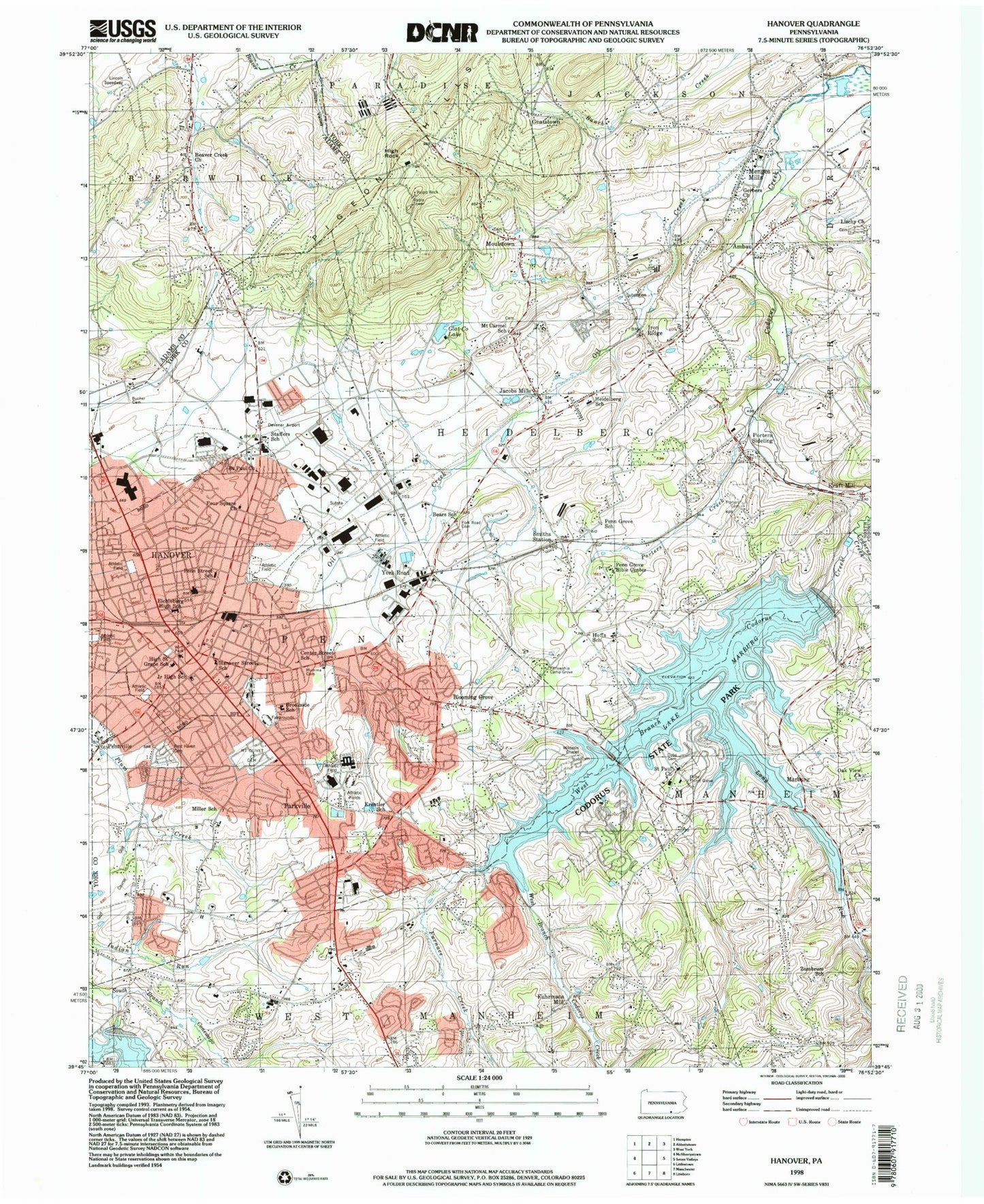 Classic USGS Hanover Pennsylvania 7.5'x7.5' Topo Map Image