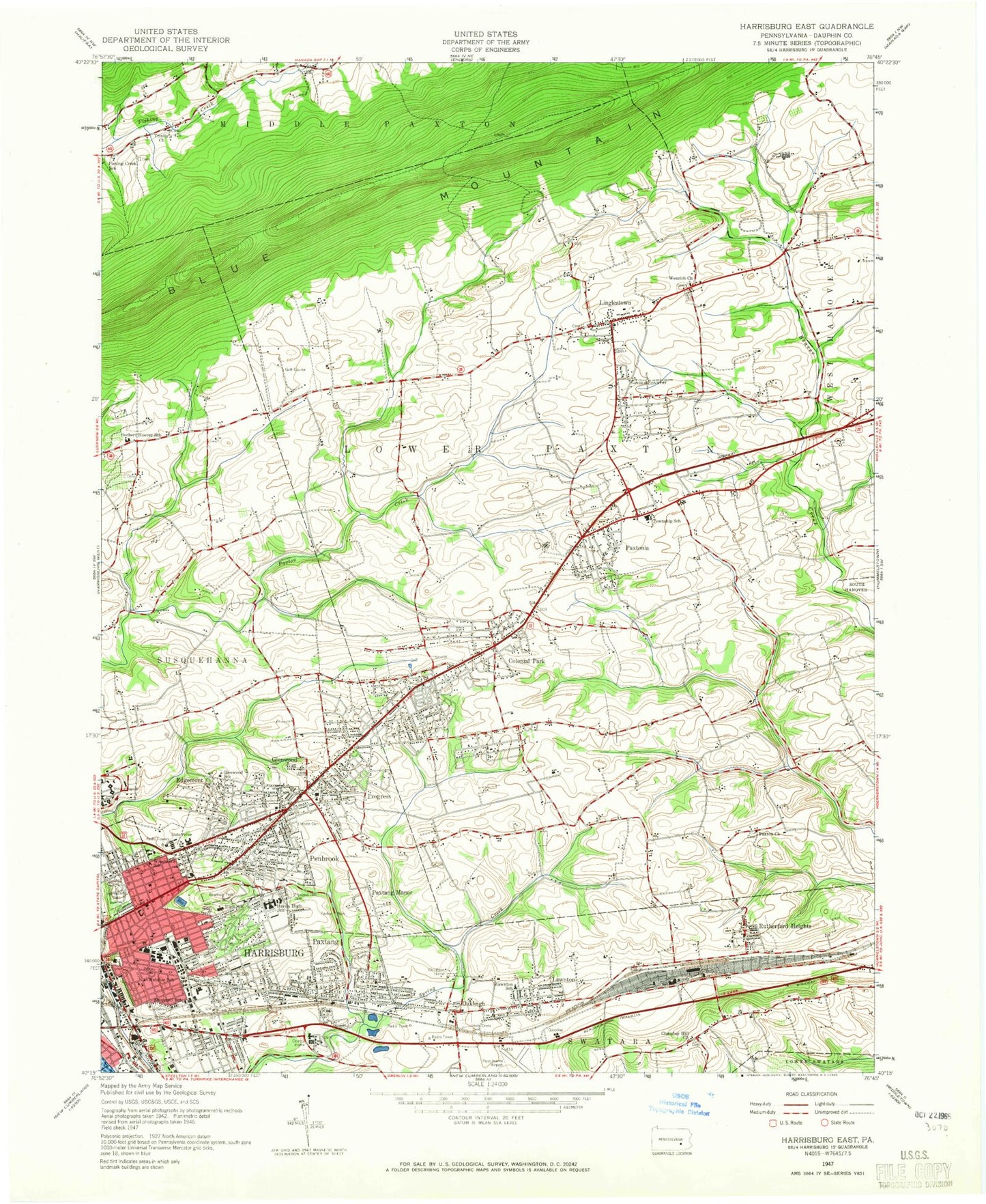 Classic USGS Harrisburg East Pennsylvania 7.5'x7.5' Topo Map Image