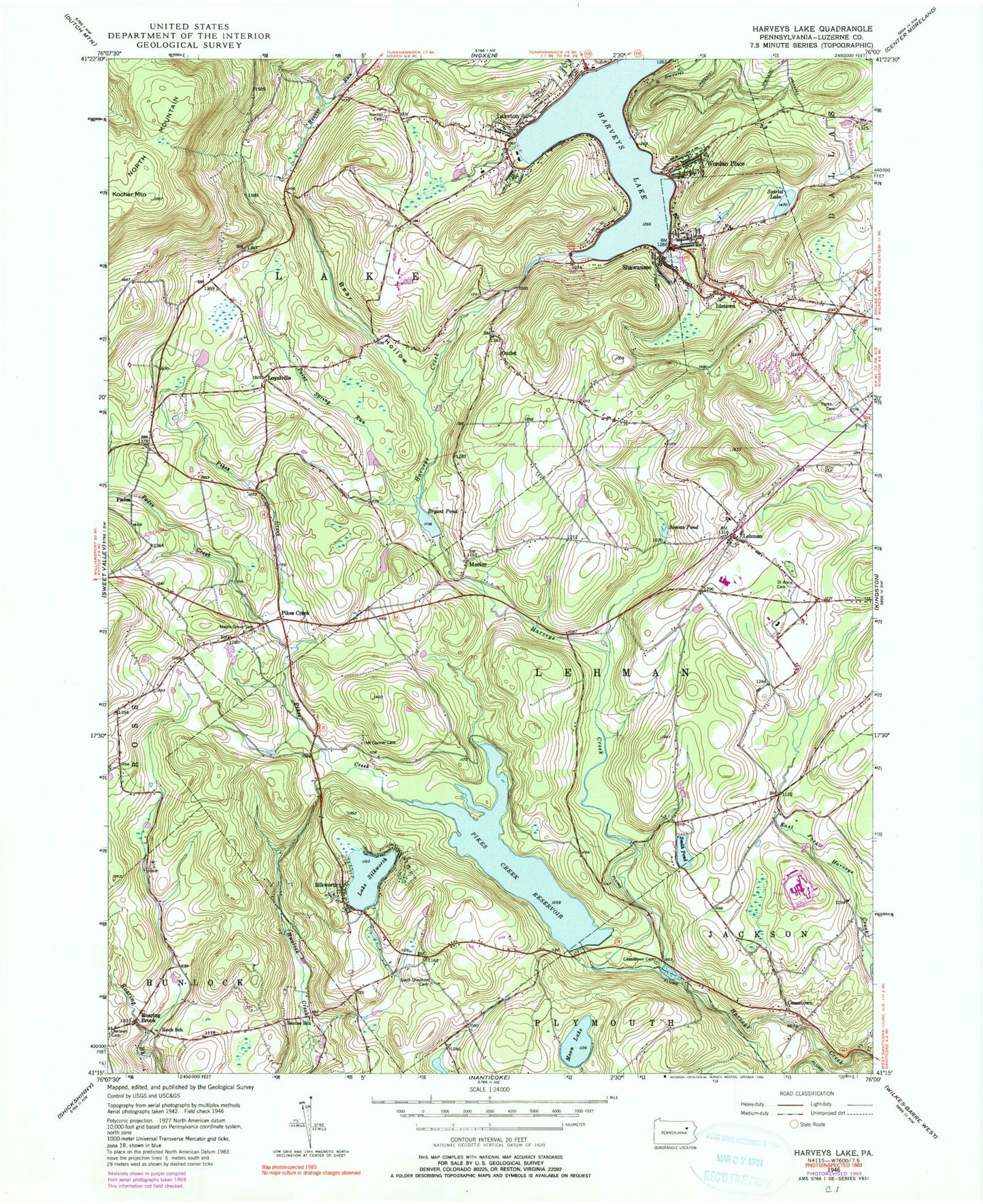 Classic USGS Harveys Lake Pennsylvania 7.5'x7.5' Topo Map Image
