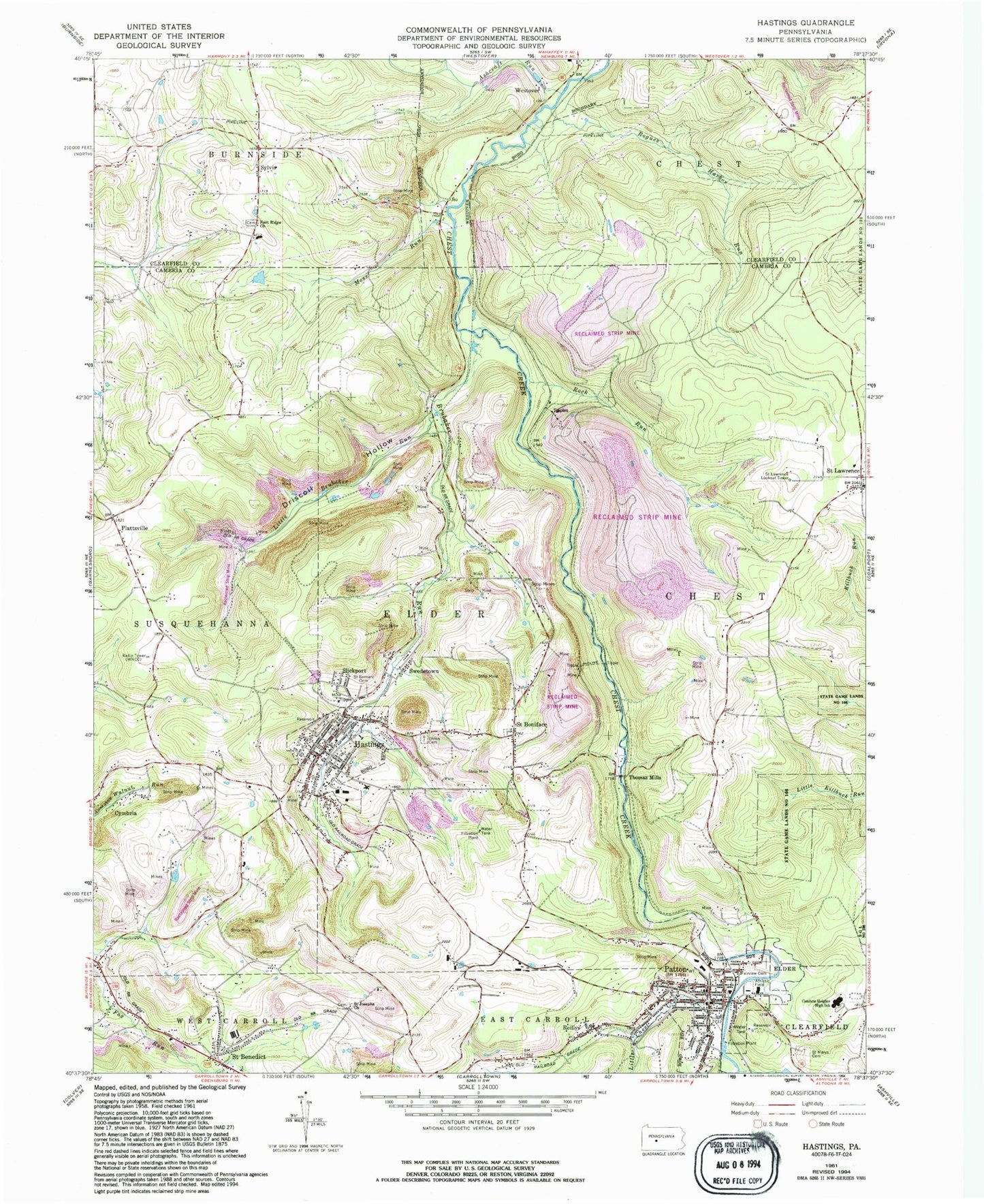 Classic USGS Hastings Pennsylvania 7.5'x7.5' Topo Map Image