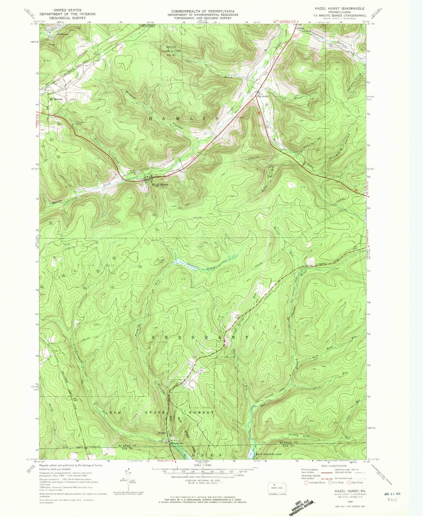 Classic USGS Hazel Hurst Pennsylvania 7.5'x7.5' Topo Map Image