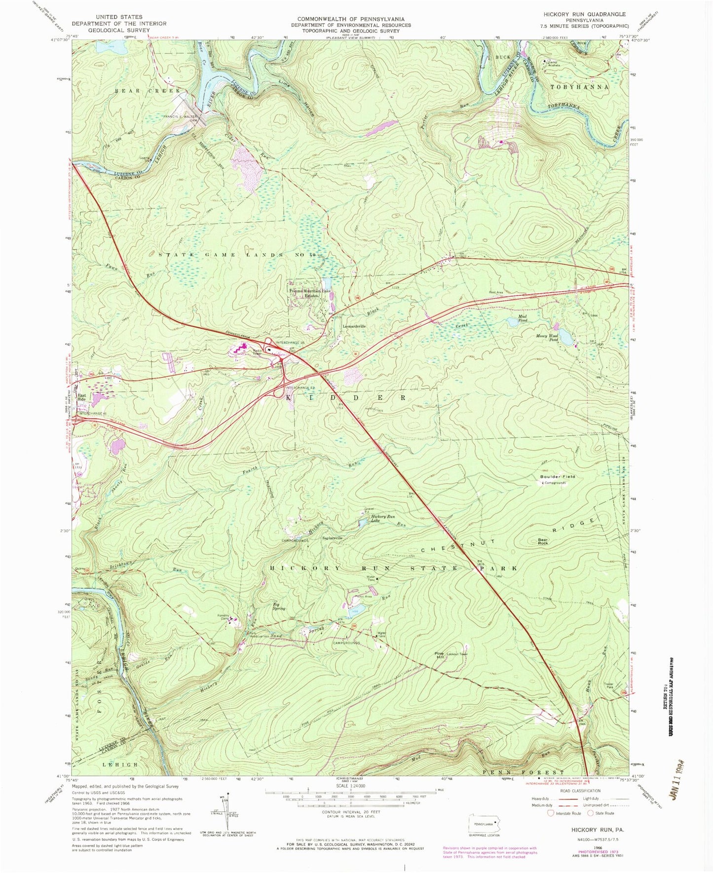 Classic USGS Hickory Run Pennsylvania 7.5'x7.5' Topo Map Image