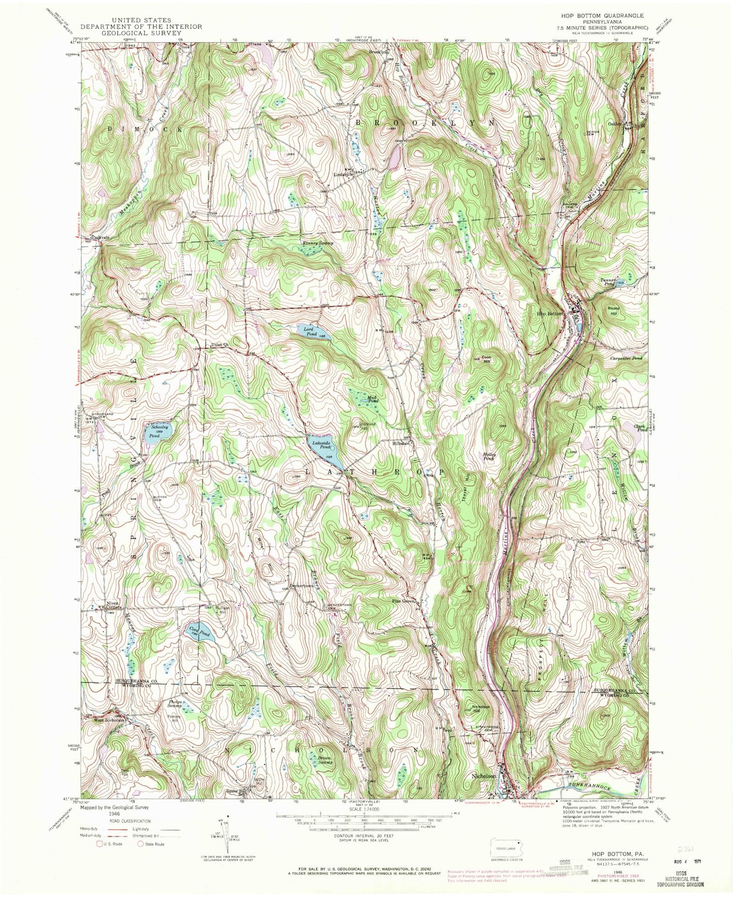 Classic USGS Hop Bottom Pennsylvania 7.5'x7.5' Topo Map Image