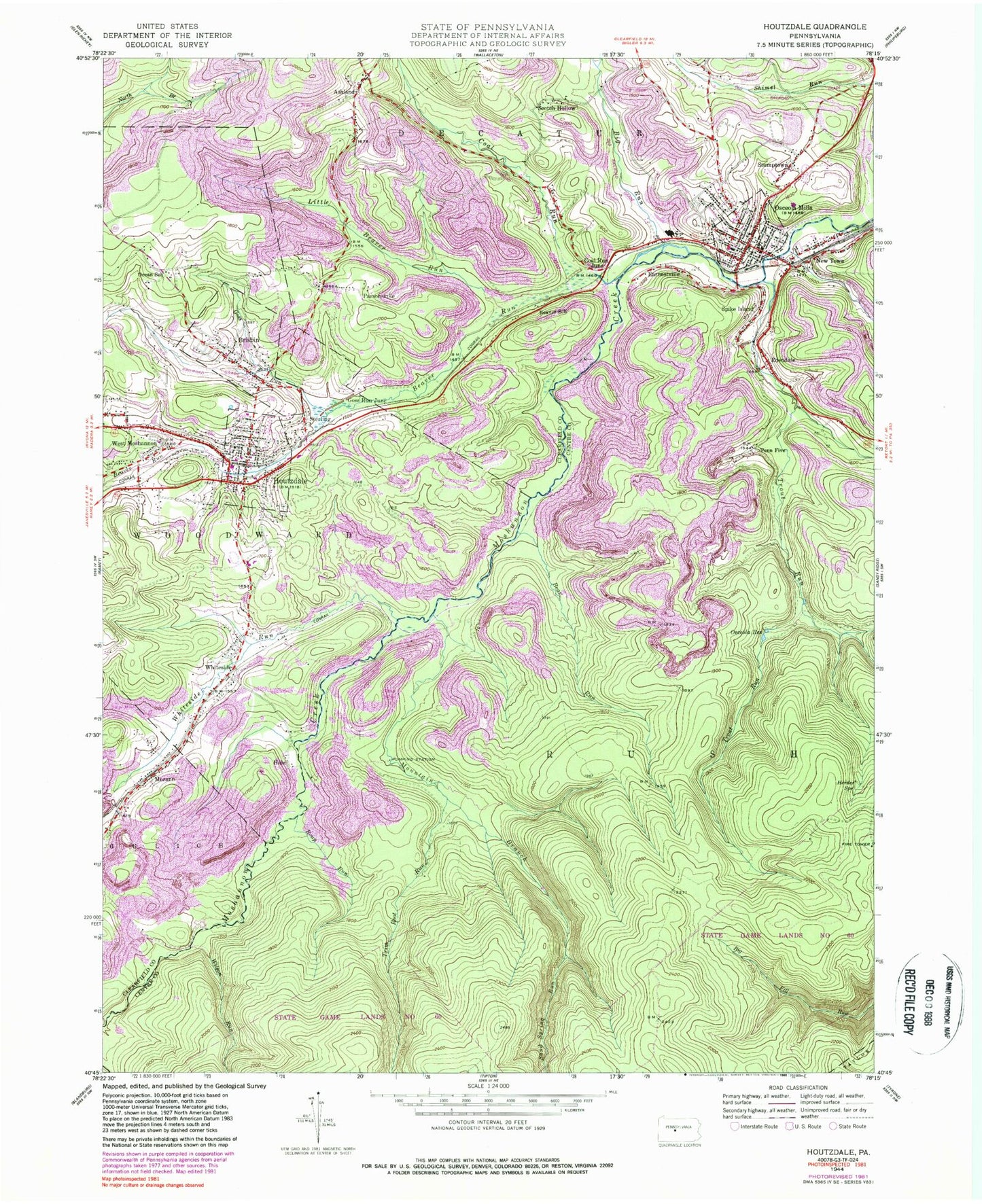 Classic USGS Houtzdale Pennsylvania 7.5'x7.5' Topo Map Image