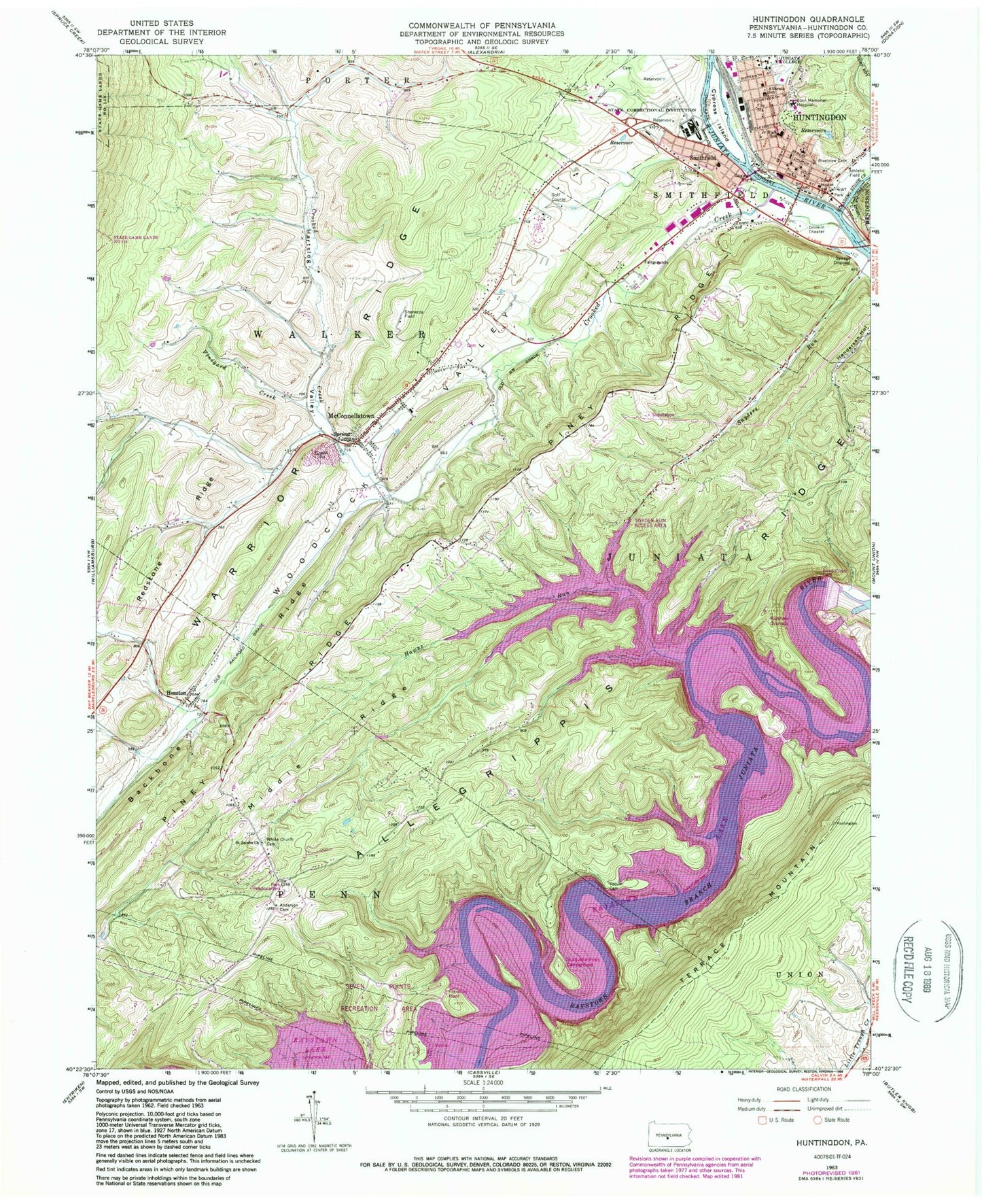 Classic USGS Huntingdon Pennsylvania 7.5'x7.5' Topo Map Image