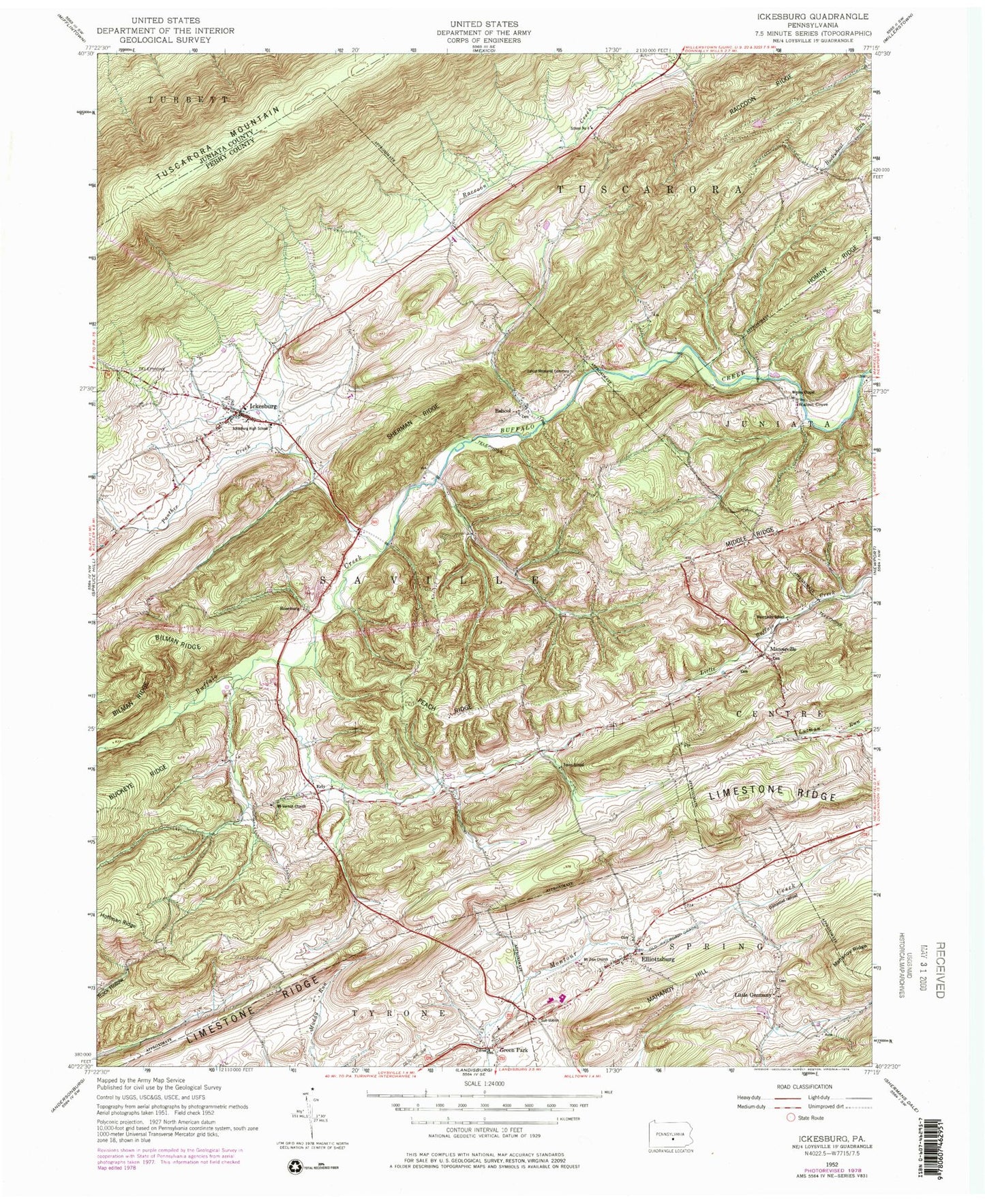 Classic USGS Ickesburg Pennsylvania 7.5'x7.5' Topo Map Image