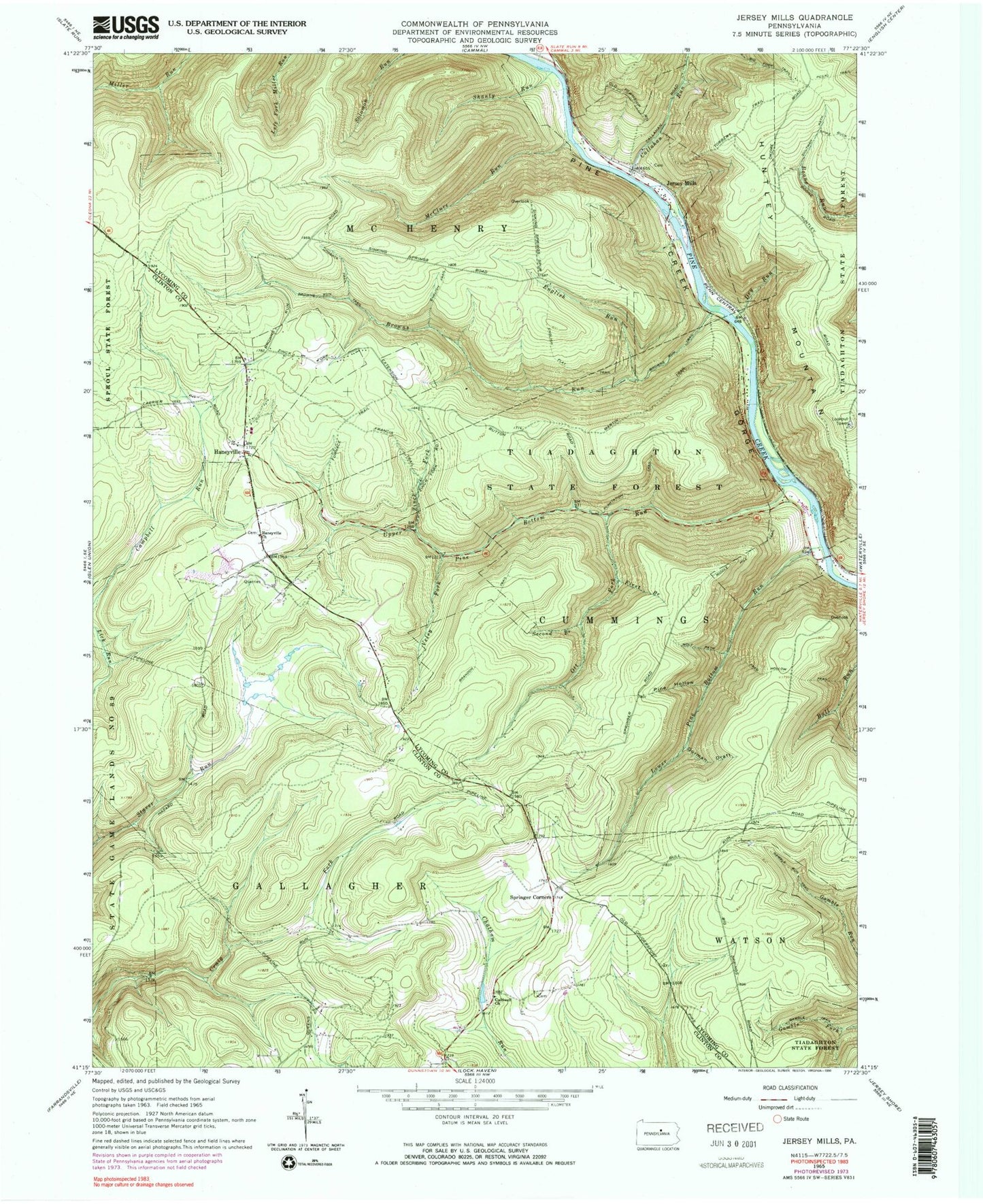 Classic USGS Jersey Mills Pennsylvania 7.5'x7.5' Topo Map Image