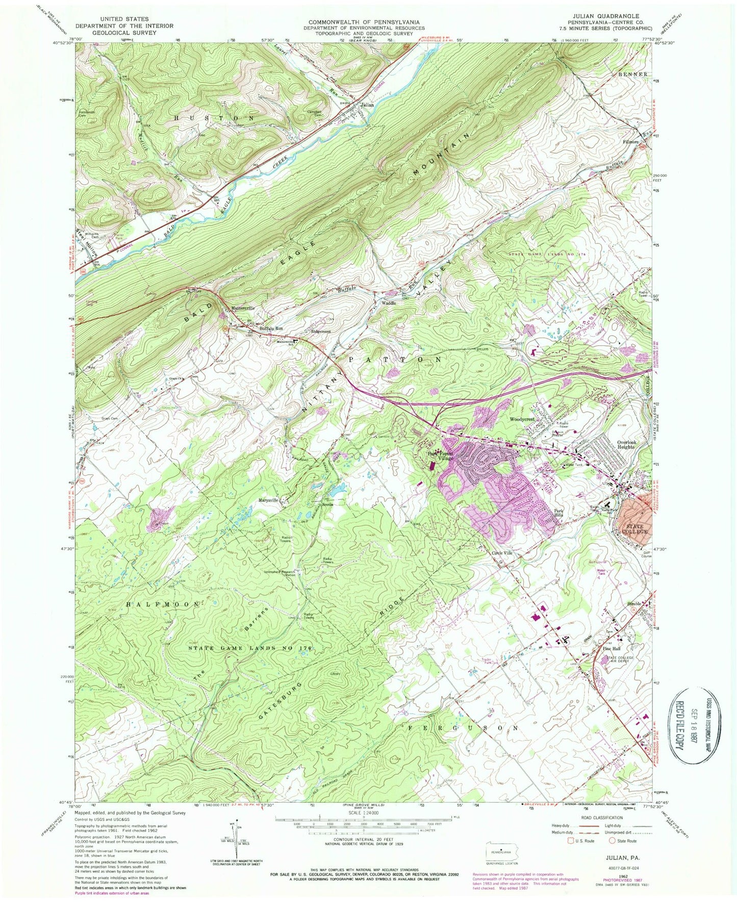 Classic USGS Julian Pennsylvania 7.5'x7.5' Topo Map Image