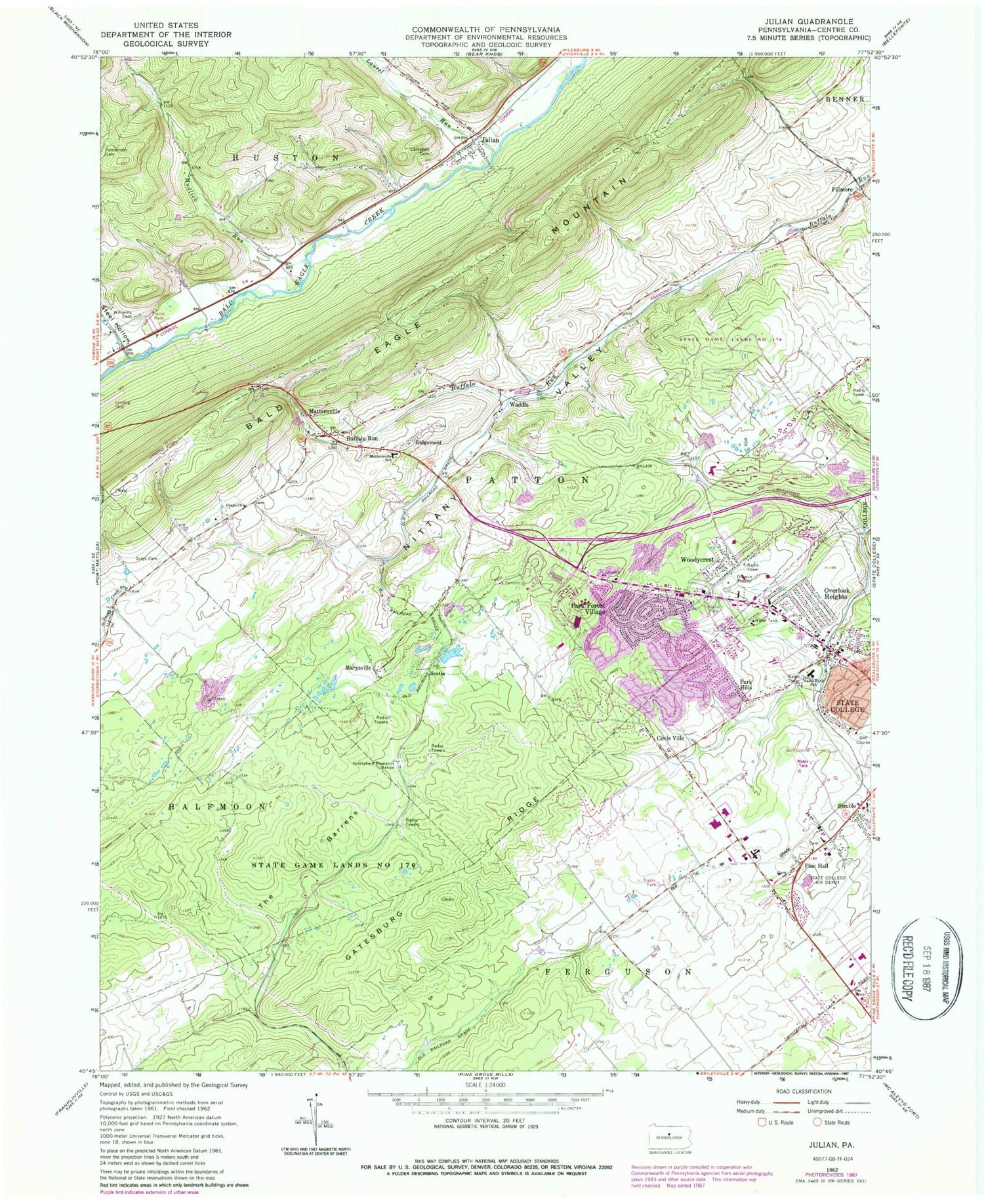 Classic USGS Julian Pennsylvania 7.5'x7.5' Topo Map Image