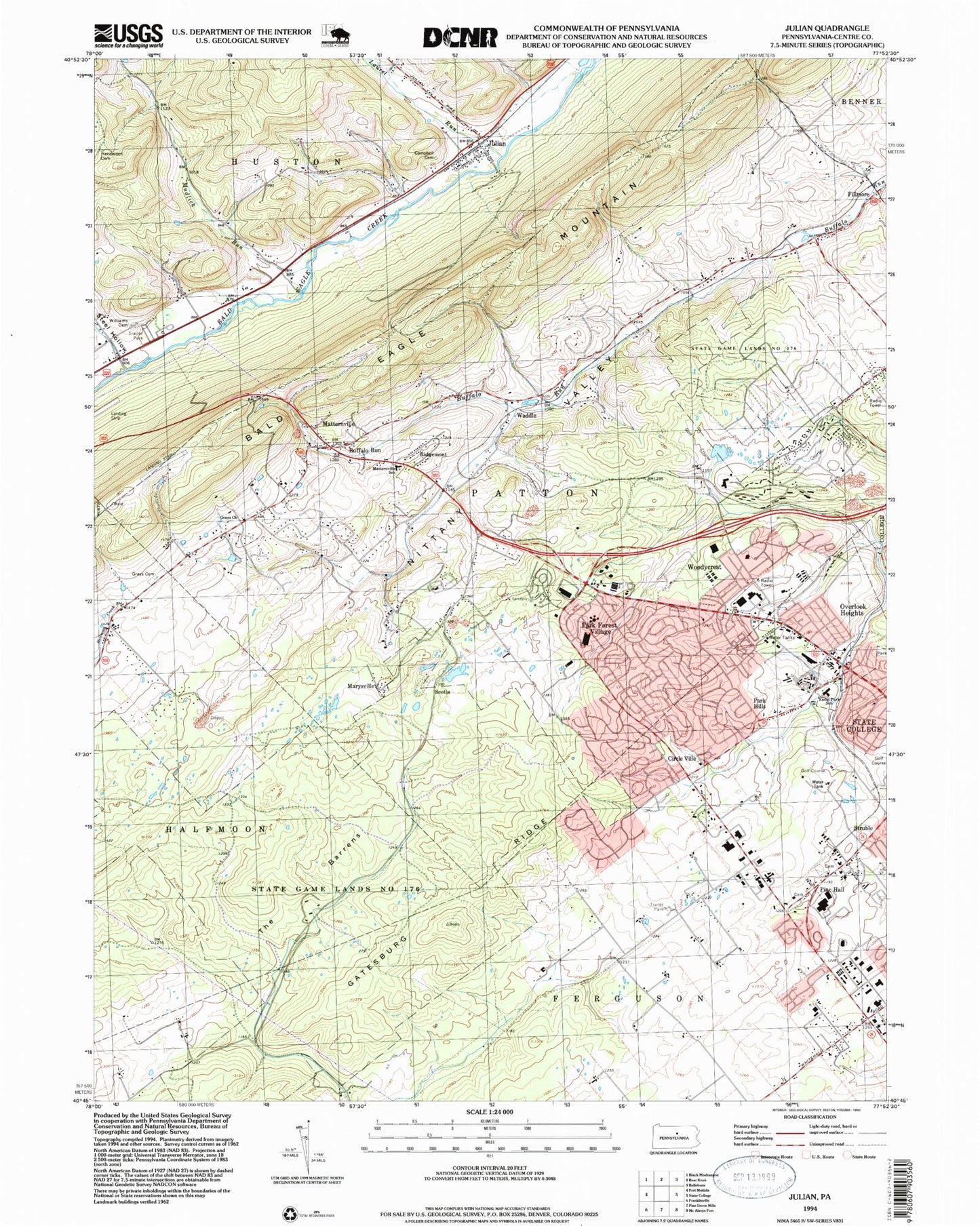 Classic USGS Julian Pennsylvania 7.5'x7.5' Topo Map Image