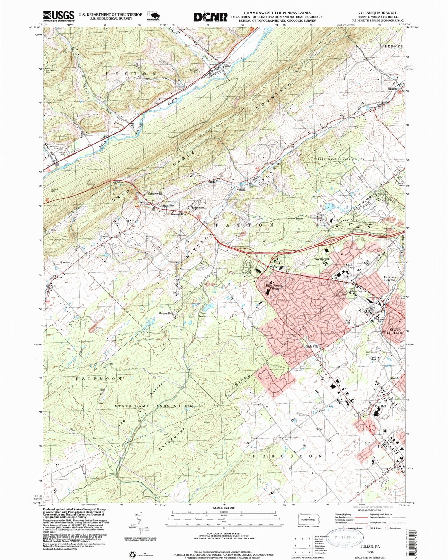 Classic USGS Julian Pennsylvania 7.5'x7.5' Topo Map Image